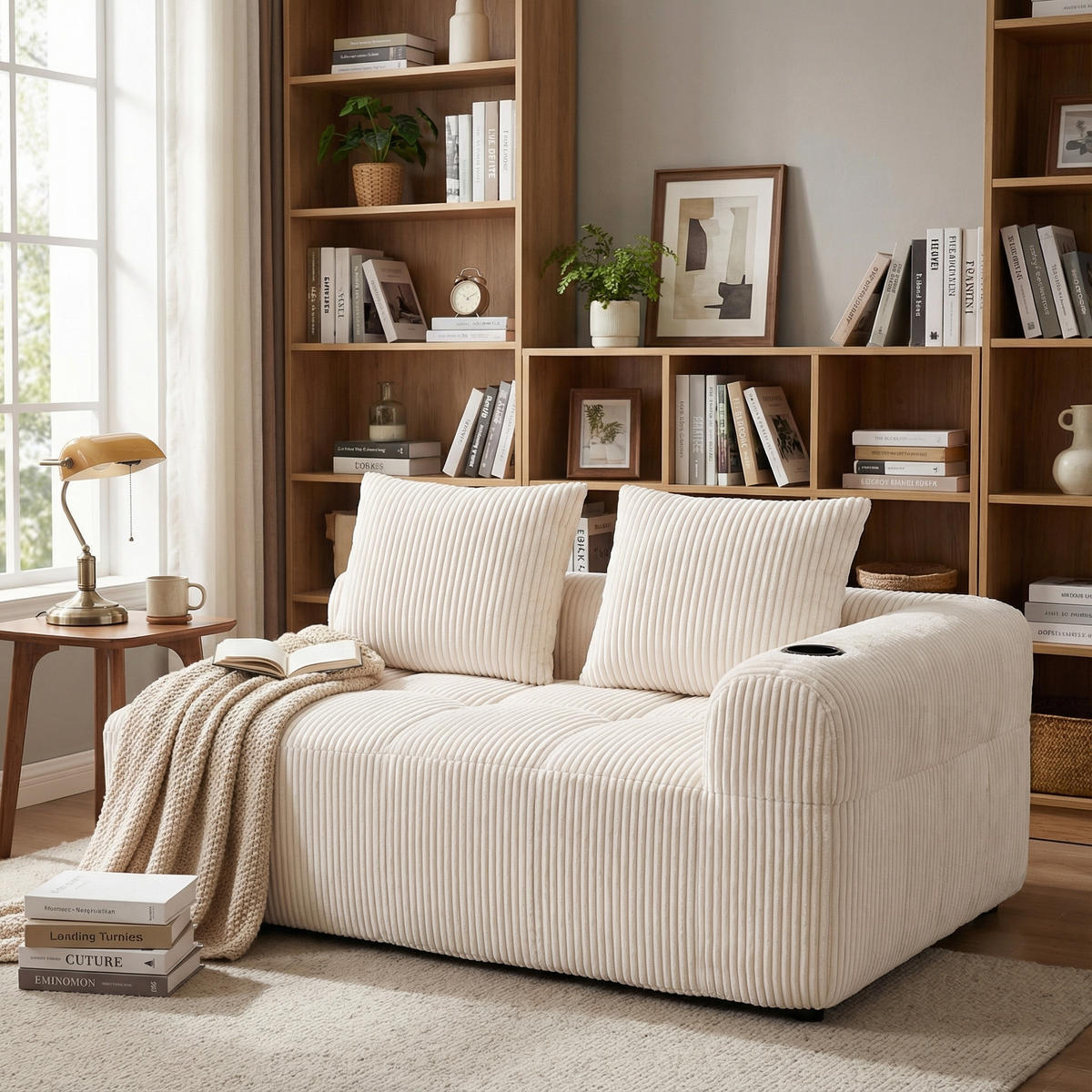 CHAISELONGUE in Cord Übergroßer Relaxsessel mit Seitentaschen - Beige, Textil (158/61/93cm) - Urban Meuble