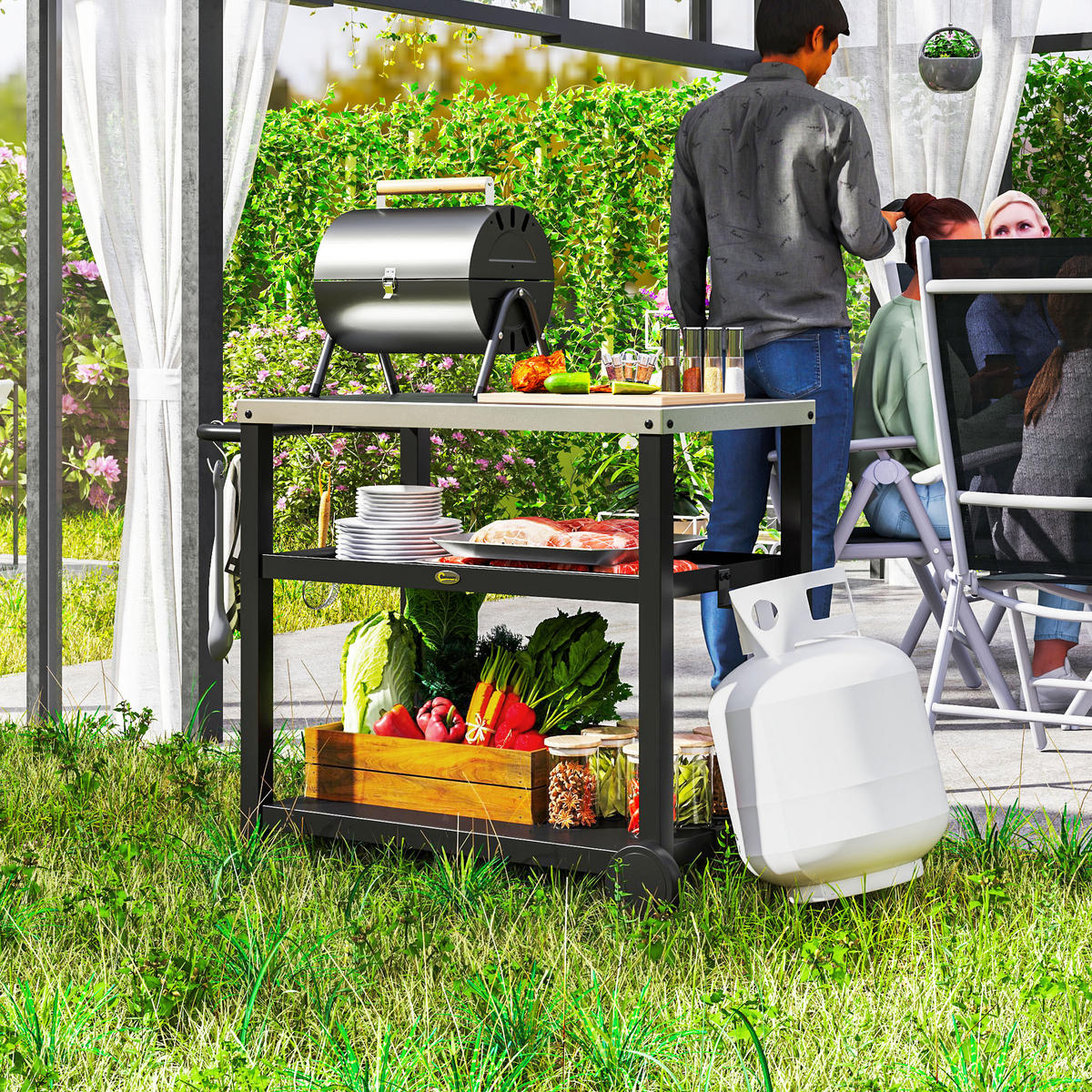 GRILLWAGEN 3-Etagen Kohlegrau - Dunkelgrau, Metall (50/81/102cm) - Outsunny