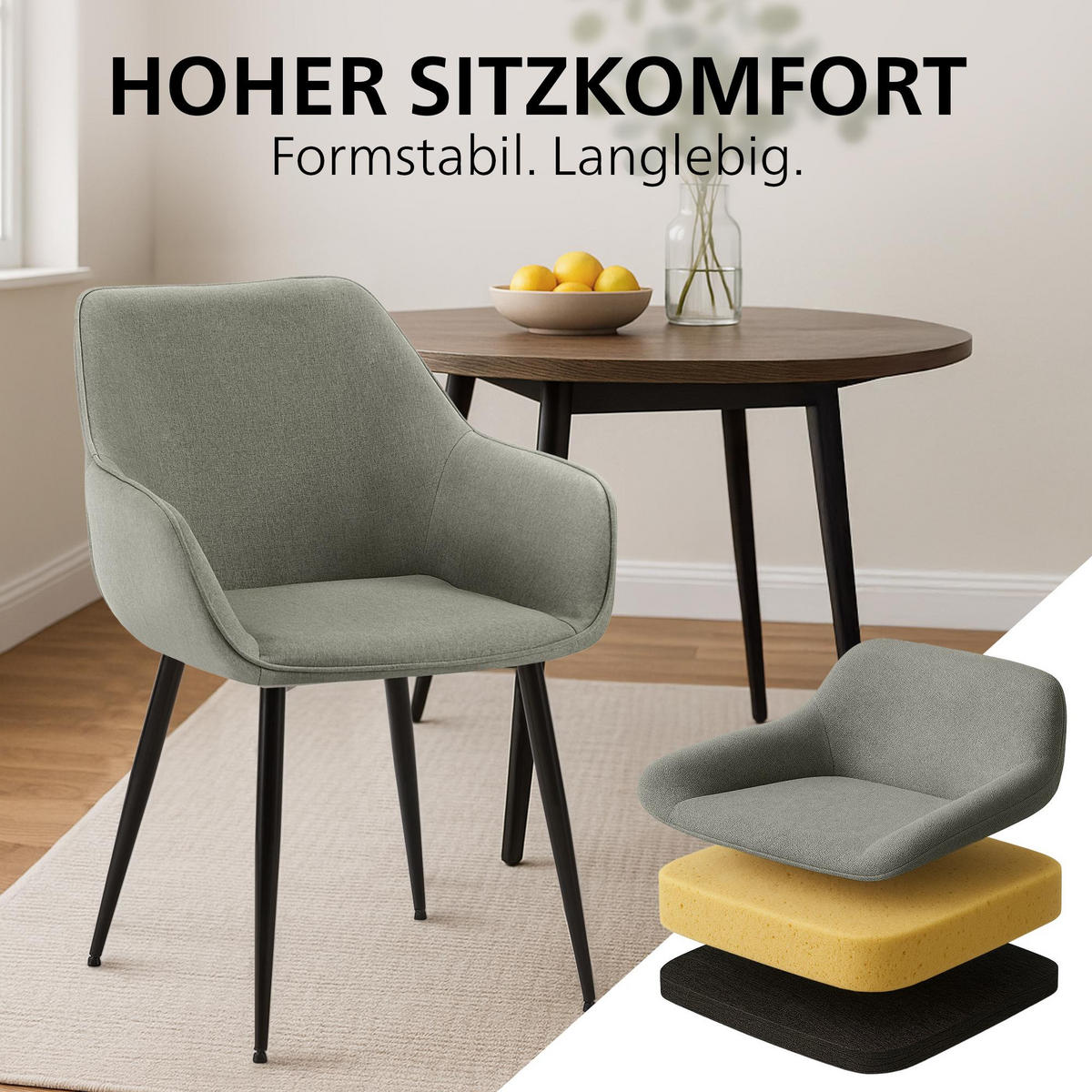 ARMLEHNENSTUHL Stoff Hellgrau - Hellgrau/Schwarz, Textil/Metall (52/82/63cm) - CLP