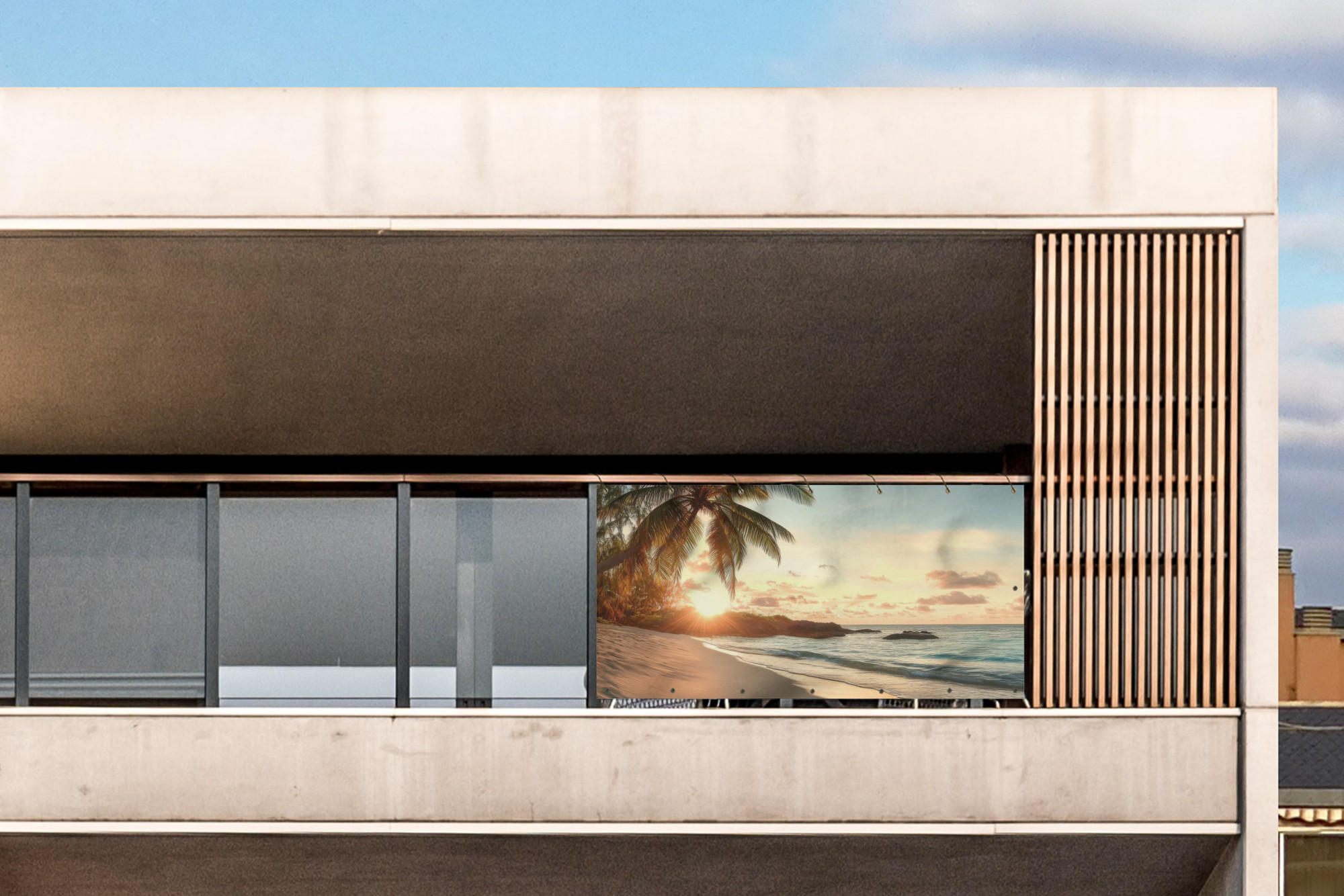 BALKON-SICHTSCHUTZ Strand - Palmen - Meer - Sonnenuntergang 200x110 cm - Samtahornfarben, Kunststoff (200/110cm) - MuchoWow