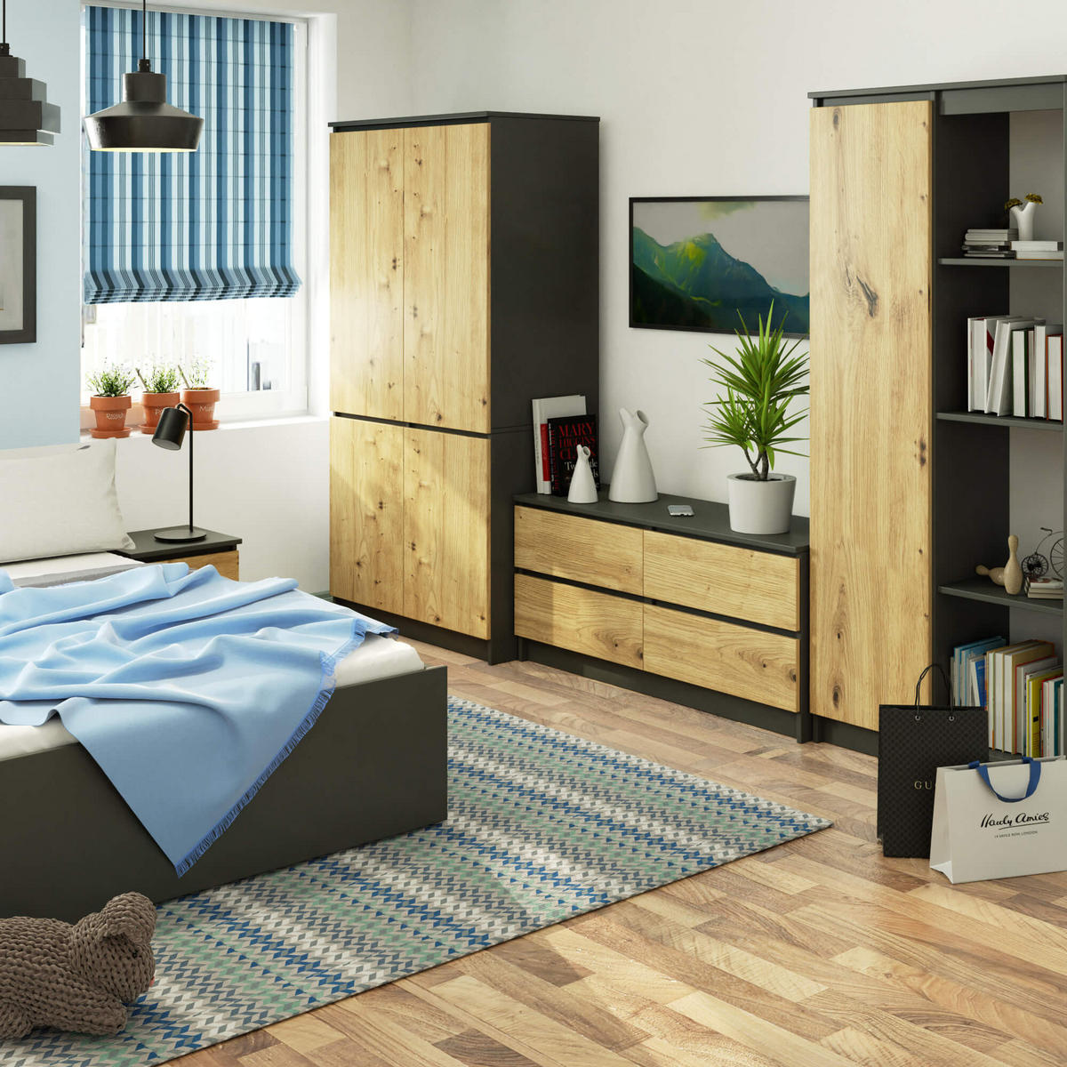 KLEIDERSCHRANK Graphit Grau, Eiche Artisan 180/90/51 - Eiche Artisan/Grau, Holzwerkstoff (90/180/51cm) - RAUMHIRSCH FURNITURE