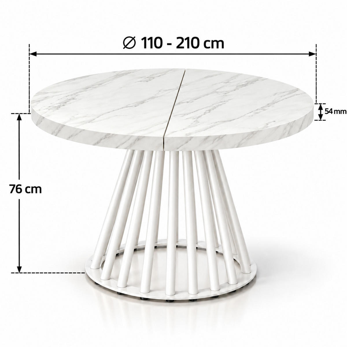 ESSTISCH rund ausziehbar 110/210/76 cm, Marmor, 54 cm Tischplatte + Lamellen-Metallgestell Weiß - Hellgrau/Weiß, Holzwerkstoff/Metall (110/210/76cm) - Damale Möbel