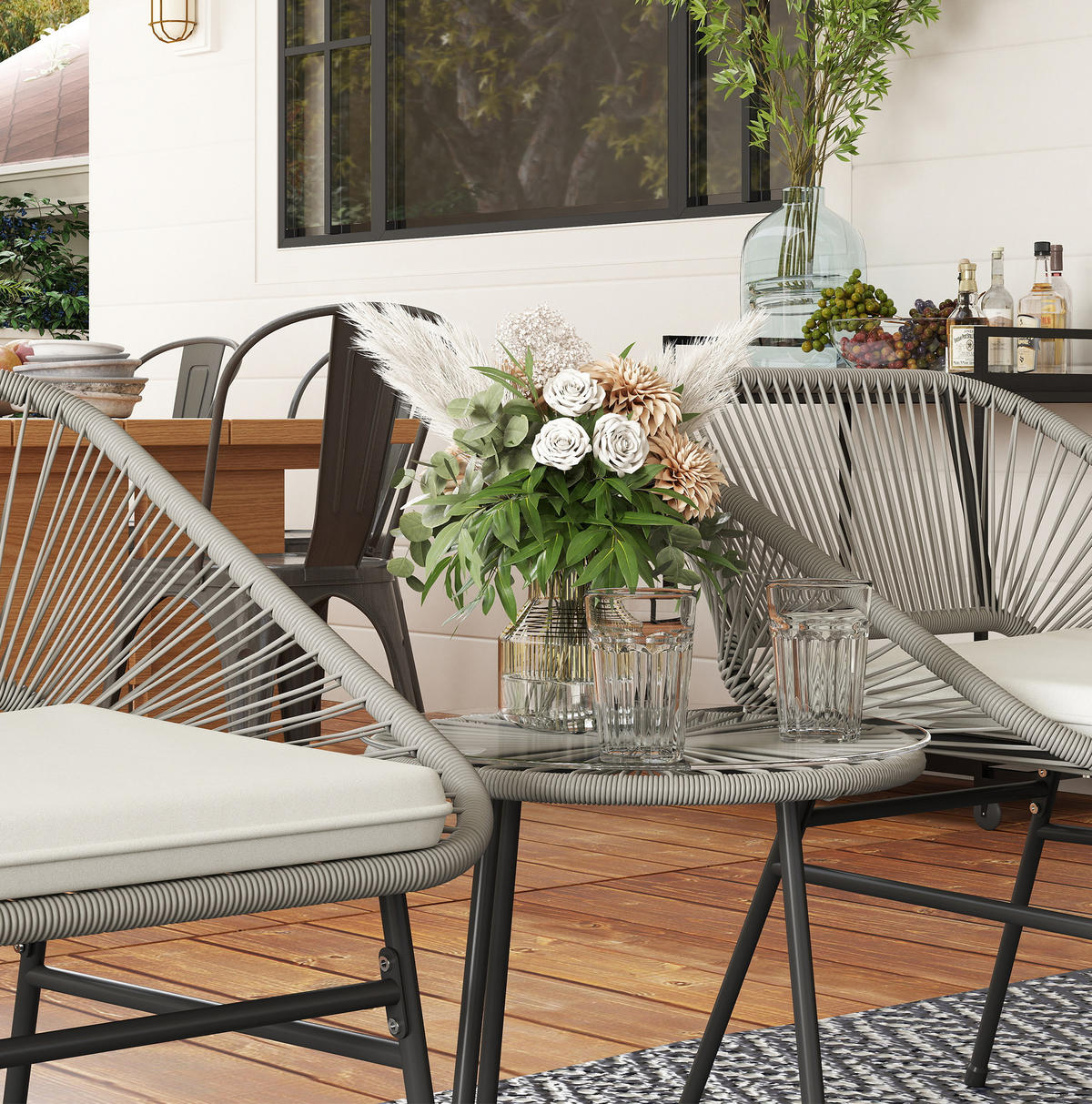 BALKONSET aus Rattan 3-teilig 45x45x46cm dunkelgrau mit Sitzkissen - Dunkelgrau, Naturmaterialen - Modfu