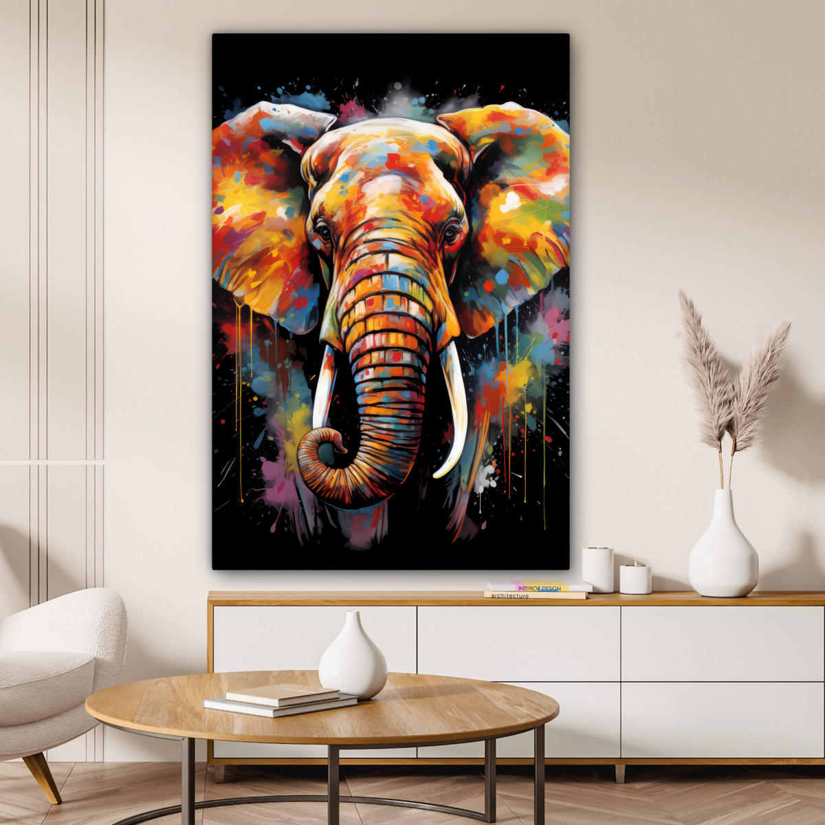 LEINWANDBILD Elefant - Graffiti - Schwarz - Tiere - Farben Deko Groß 90x140 cm - Schwarz, Textil (90/140cm) - MuchoWow