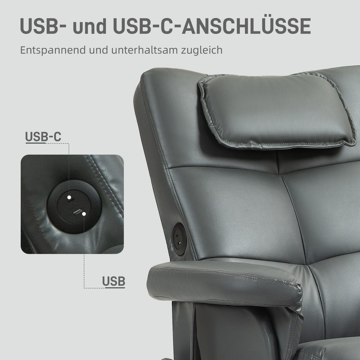 RELAXSESSEL Massagesessel mit Hocker Fernsehsessel mit Liegefunktion Dunkelgrau - Dunkelgrau, Leder (86/93/78cm) - HOMCOM