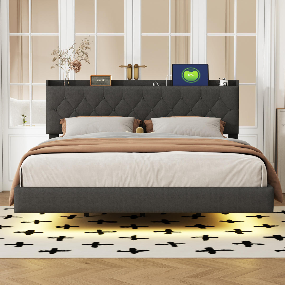 POLSTERBETT 160/200 cm aus Leinenstoff mit LED-Lichtleiste, USB-Anschluss und Stauraum, Grau - Grau, Textil (160/200cm) - Redom
