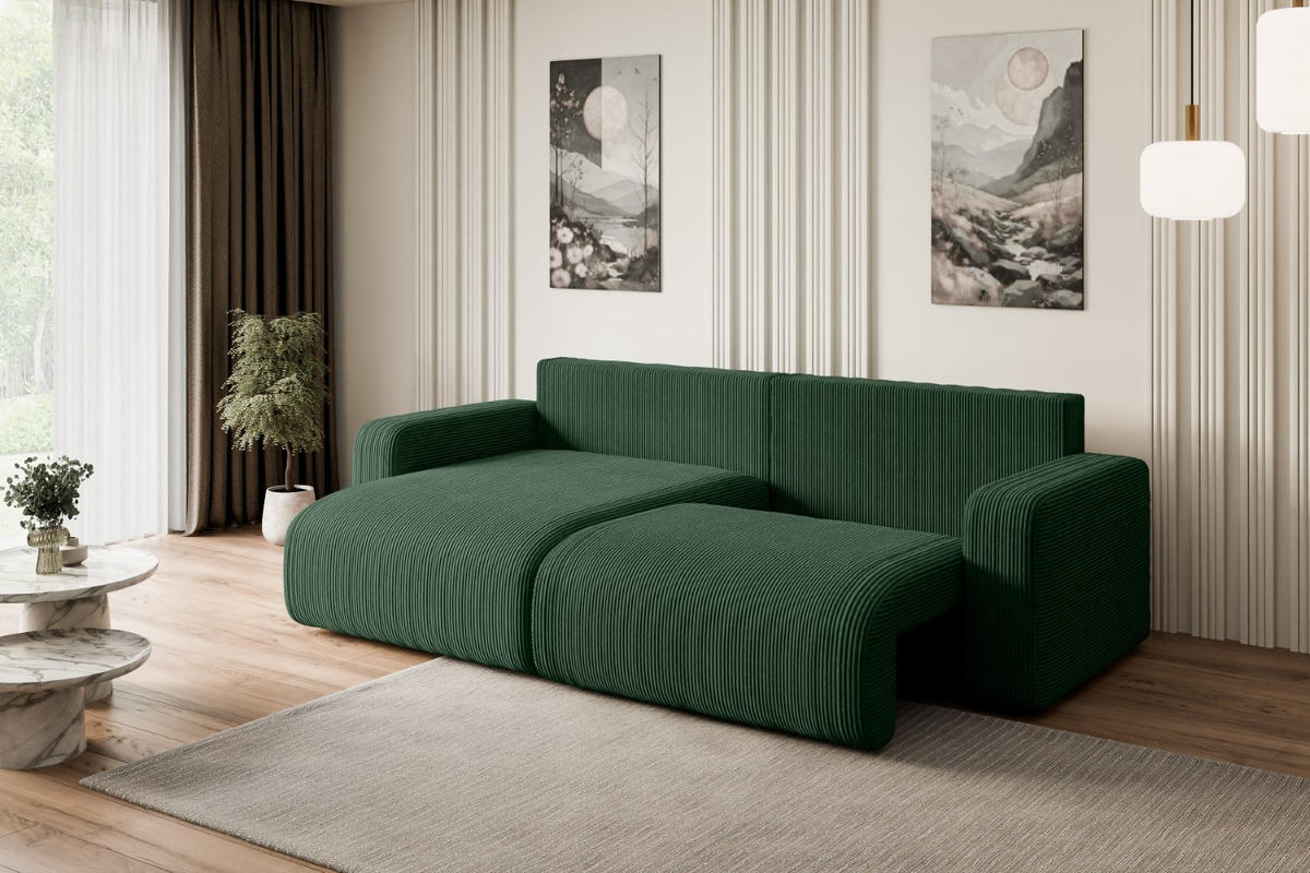 ECKSOFA mit Schlaffunktion und Bettkasten KLEEA-L - 247x143x83 cm Grün Cord - Schwarz/Grün, Holzwerkstoff/Kunststoff (247/143cm) - ALTDECOR