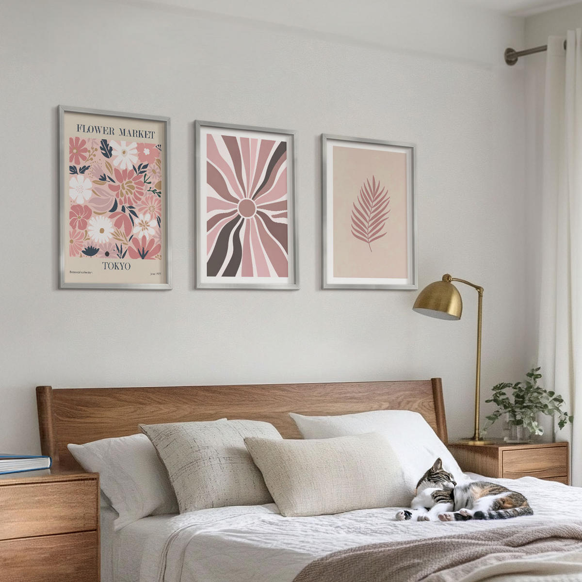 BILDER SET 3er Set - 40x60 cm Silberner Rahmen - Florale Blattmuster und Geometrie - Silberfarben, Kunststoff (40/60cm) - TULUP