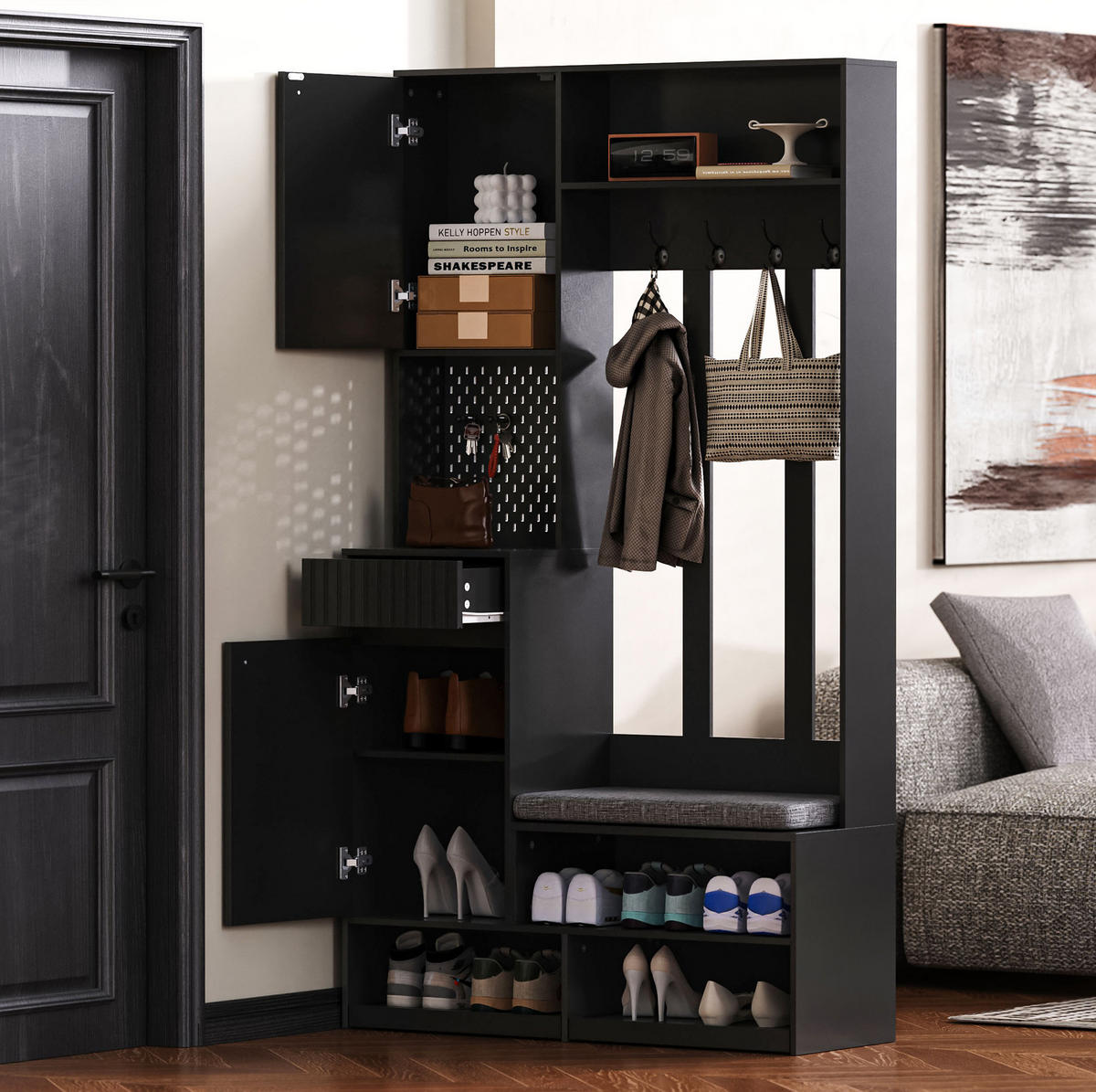 GARDEROBE 100/180/35 cm Schwarz aus MDF mit Sitzbank - Schwarz/Grau, Holzwerkstoff (35/180/100cm) - OKMYHOME