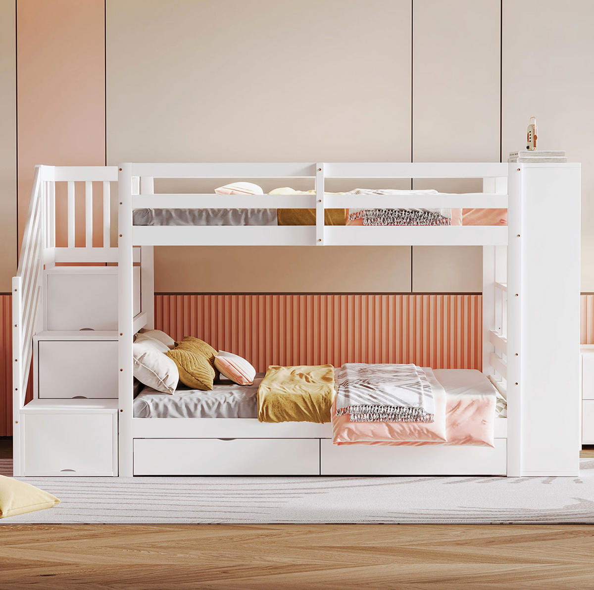 ETAGENBETT 90/200 cm weiß mit Sicherheitstreppe und Stauraum - Weiß, Holz (90/200cm) - OKWISH