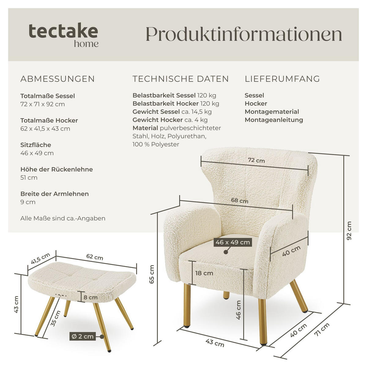 SESSEL MIT HOCKER Vänersborg, Belastbarkeit 120 kg, Bouclé creme/gold - Goldfarben/Creme, Kunststoff (72/92/71cm) - tectake