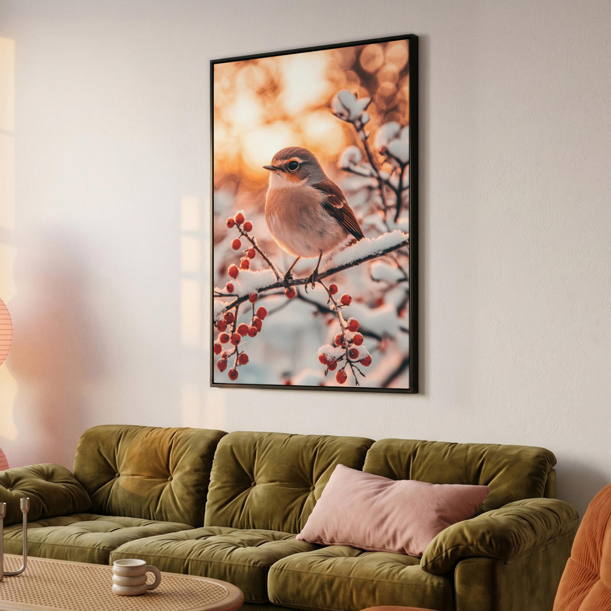 LEINWAND Bilder mit Rahmen - Vogel - Zweig - Winter - Tiere - Schnee - 100x150 - Bernsteinfarben, Textil (100/150cm) - MuchoWow