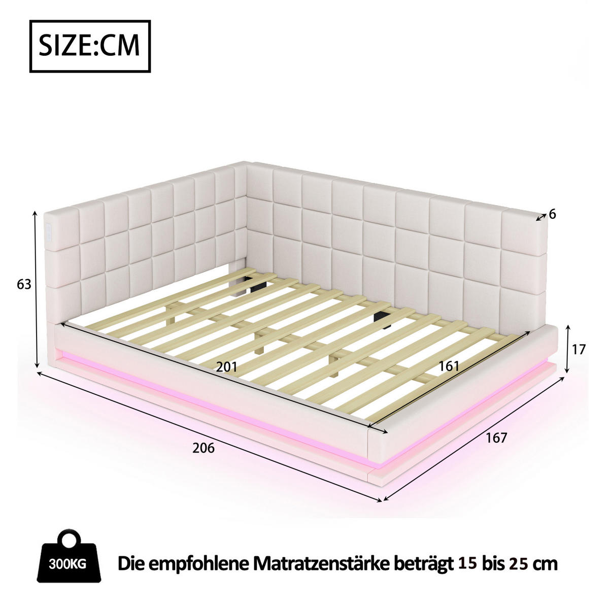 POLSTERBETT 160/200 cm mit LED-Beleuchtung und USB-Anschluss aus Leinen Beige - Beige, Textil (160/200cm) - OKWISH