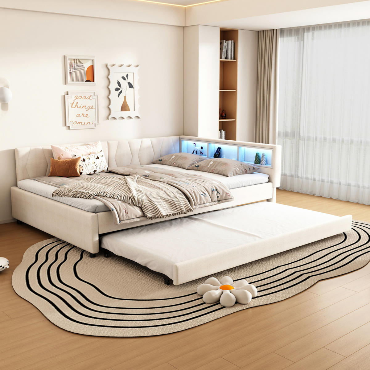 BETT 140/200 cm mit Kopfteil, USB-C und LED – inkl. Lattenrost, Beige - Beige, Textil (140/200cm) - BEAOK