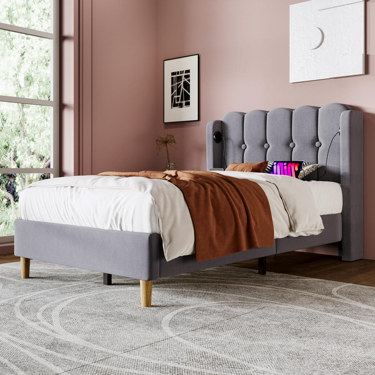 POLSTERBETT 90/200 cm mit Lattenrost & USB/Typ-C-Ladestation, Leinen Grau - Grau, Textil (90/200cm) - Redom