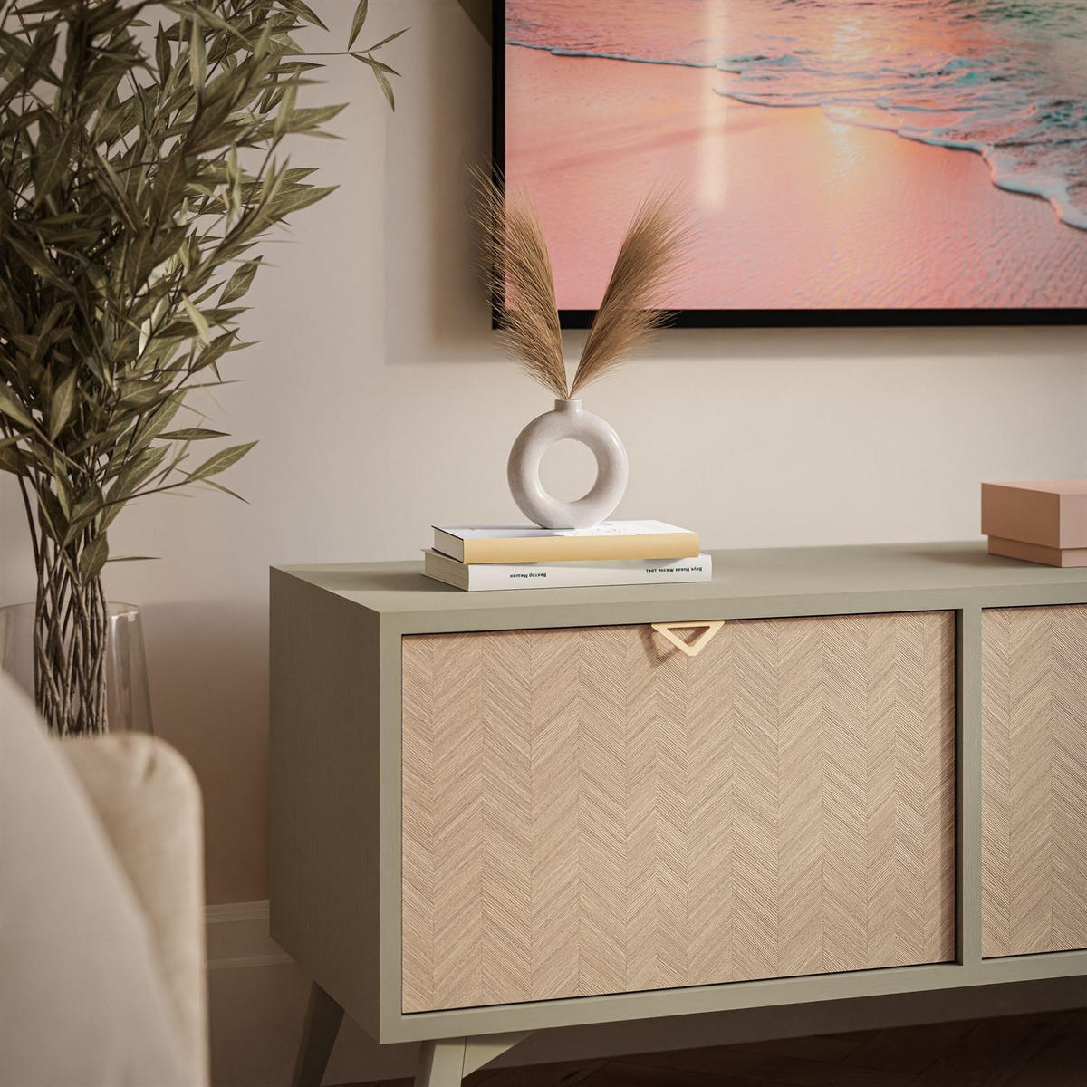 TV Element ALOE Fischgrätenmuster Scandi Eukalyptus - Eukalyptusholzfarben, Holzwerkstoff (158/52/38cm) - Lookway