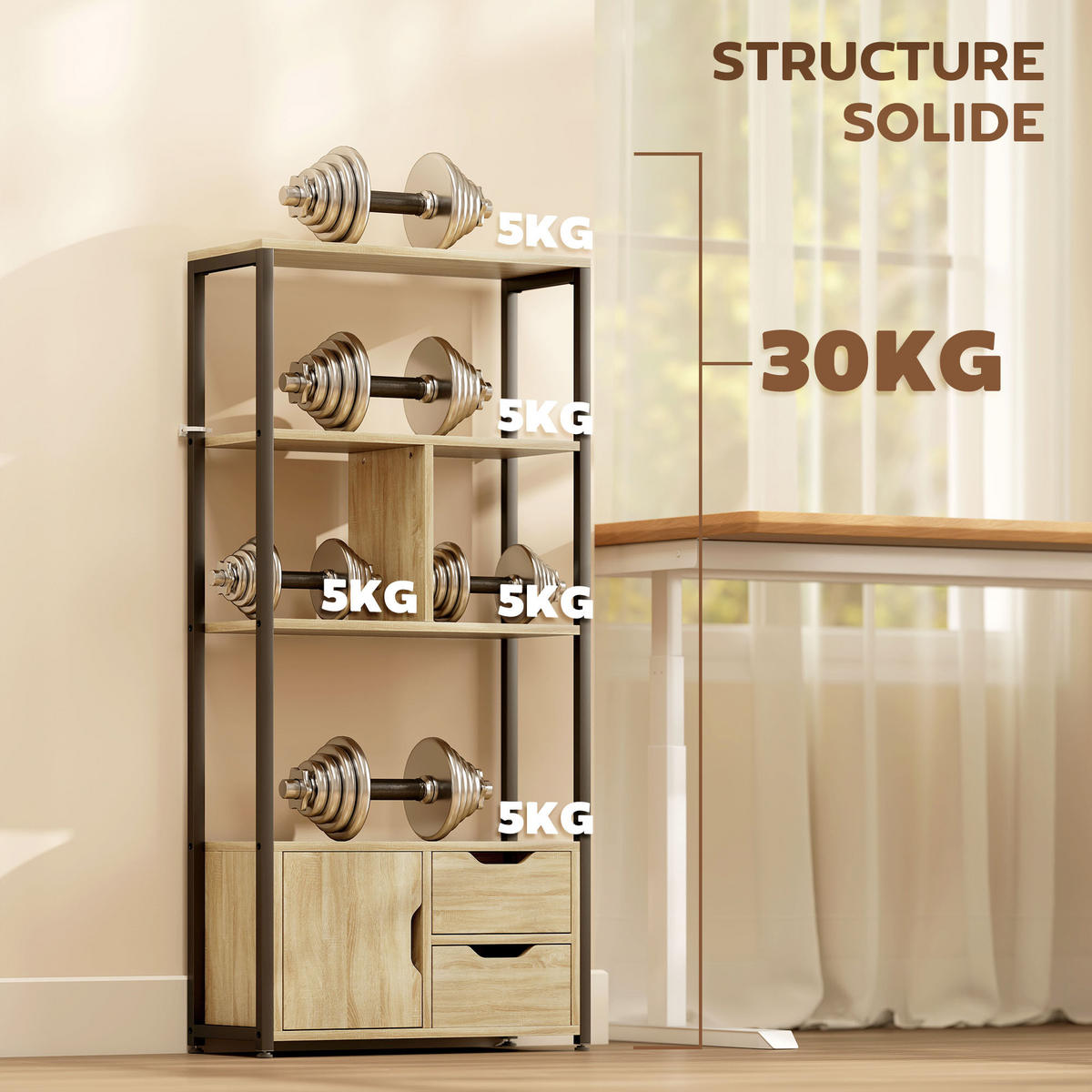 REGAL DE-15558 58/24/122 cm, 3 Ablagen und 2 Schubladen Naturholz/Schwarz - Naturfarben, Holzwerkstoff (58/122/24cm) - ComfortXL