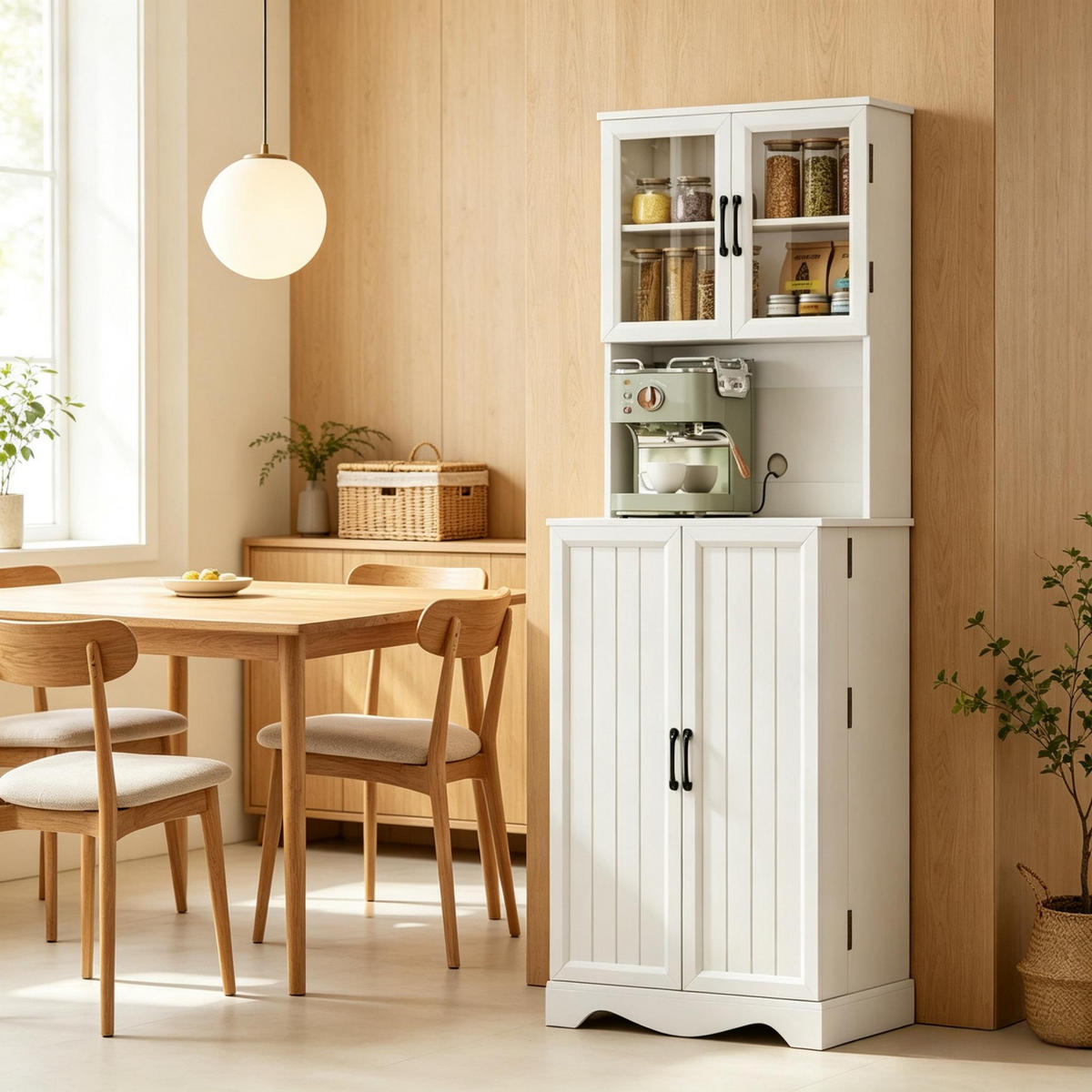 BUFFET DE-38833 60/39,5/179,6 cm 4 Türen und 8 Gewürzhalter Weiß - Weiß, Holzwerkstoff (60/179.6/39.5cm) - ComfortXL