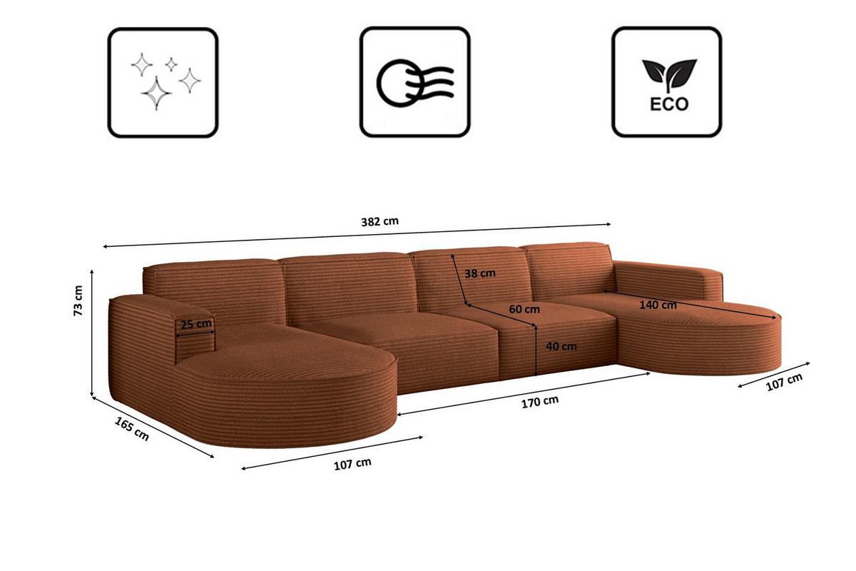 ECKSOFA U-Form XL Designer MODENA stoff Dicker Cord Poso Ziegel - Orange, Holz (165/382cm) - Kaiser Möbel