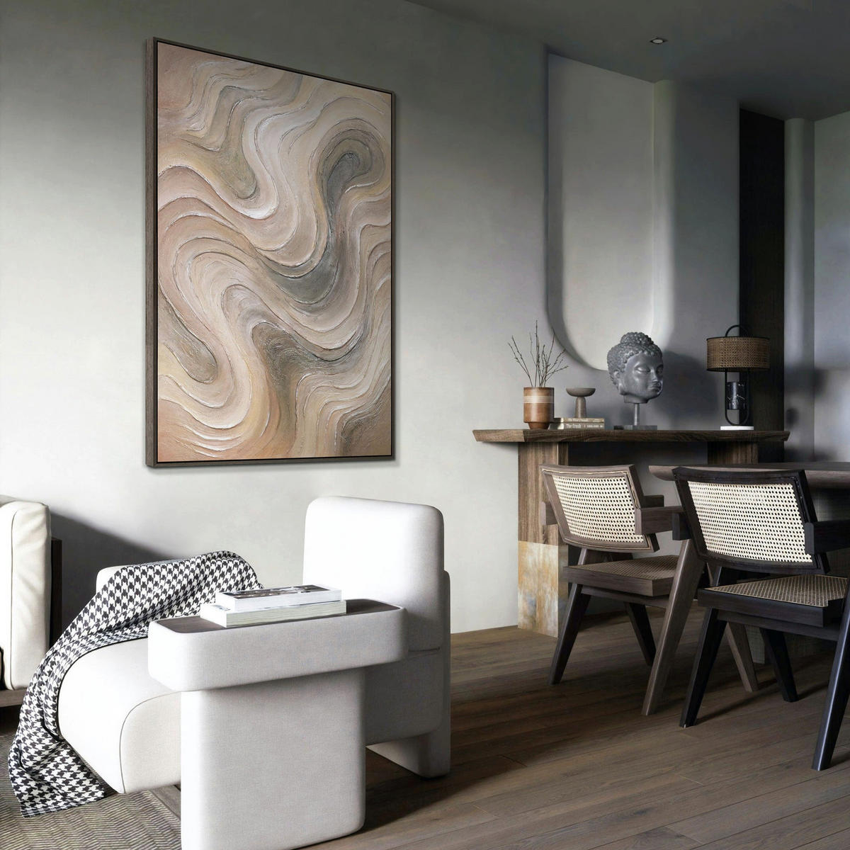 GEMÄLDE Sanfte Strömung Schattenfugenrahmen Beige 120x80 cm - Beige, Holz (120/80cm) - YS-art gallery