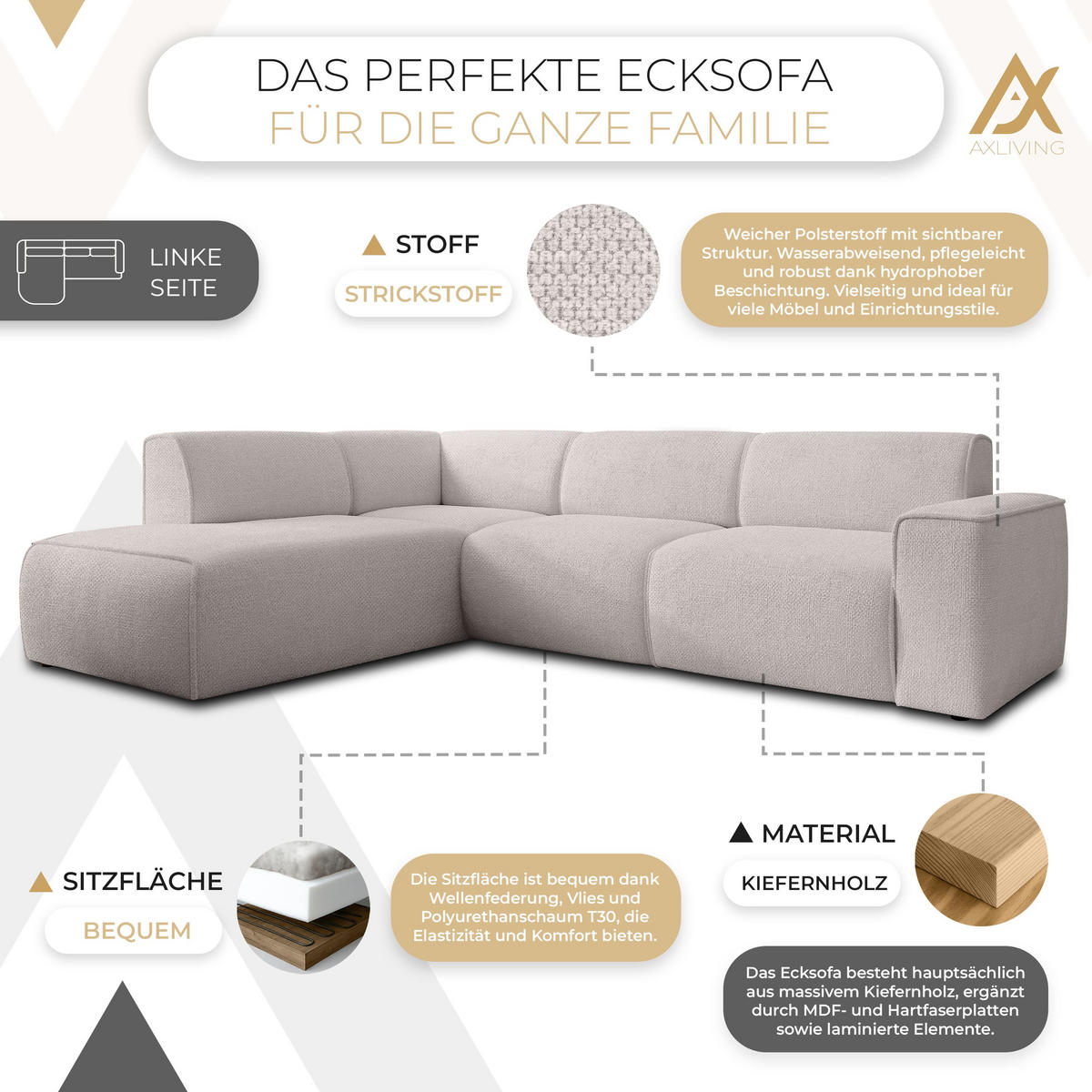 ECKSOFA L Form Didim Taupe 292/220/78 cm – großes Sofa stilvoll & bequem L - Taupe/Schwarz, Kunststoff/Textil (220/292cm) - AX Living