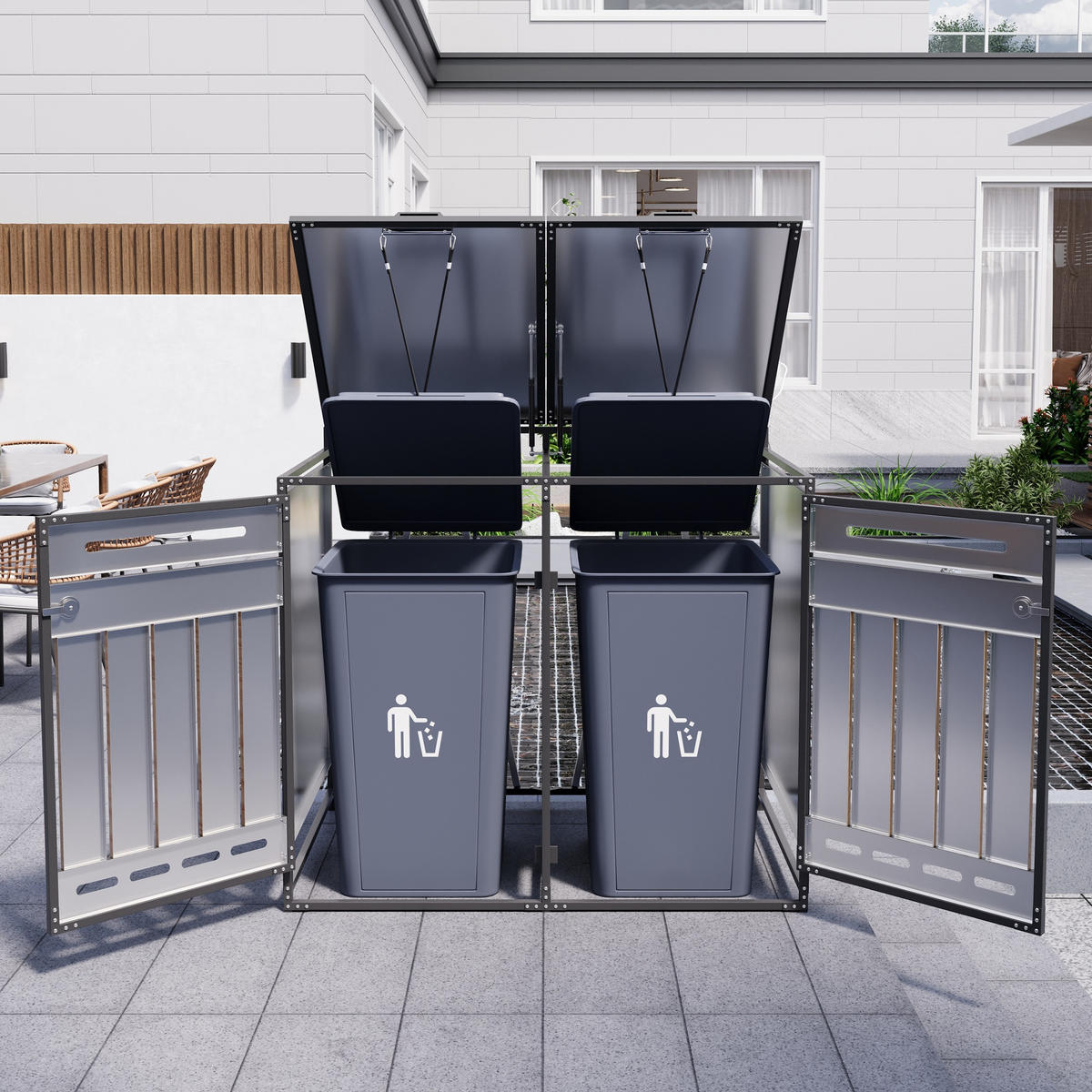 MÜLLTONNENBOX Hydraulik Deckel Holzoptik Schloss - Schwarz, Metall (131/116/79cm) - LEBENLANG