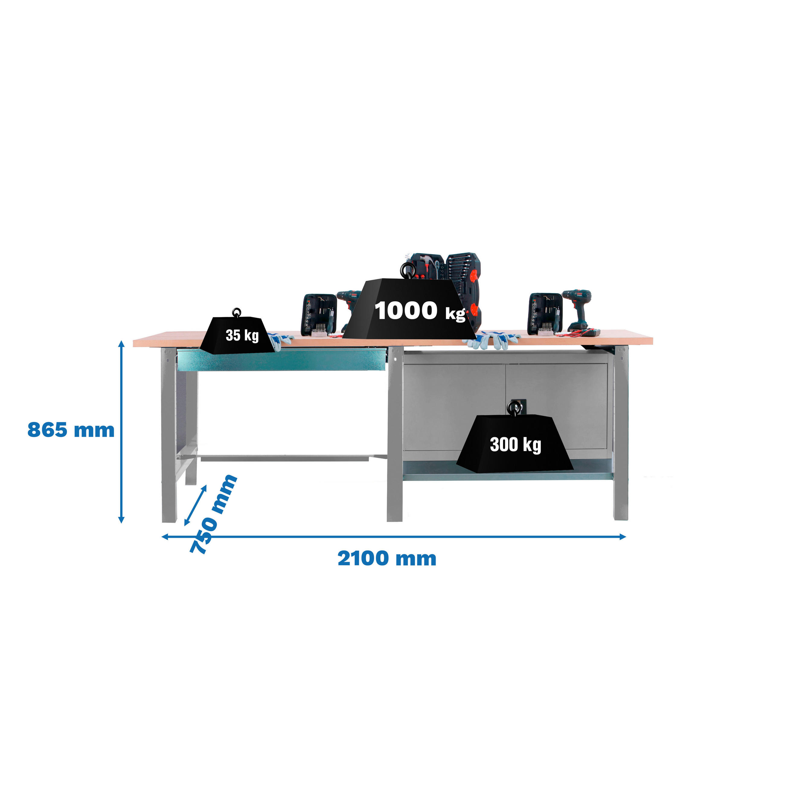 WERKBANK Buffalo Wood mit 1x Schublade und Schrank HxBxT 86,5 x 210 x 75 cm Traglast 1000 kg Grau - Grau, Metall (210/86.5/75cm) - PROREGAL