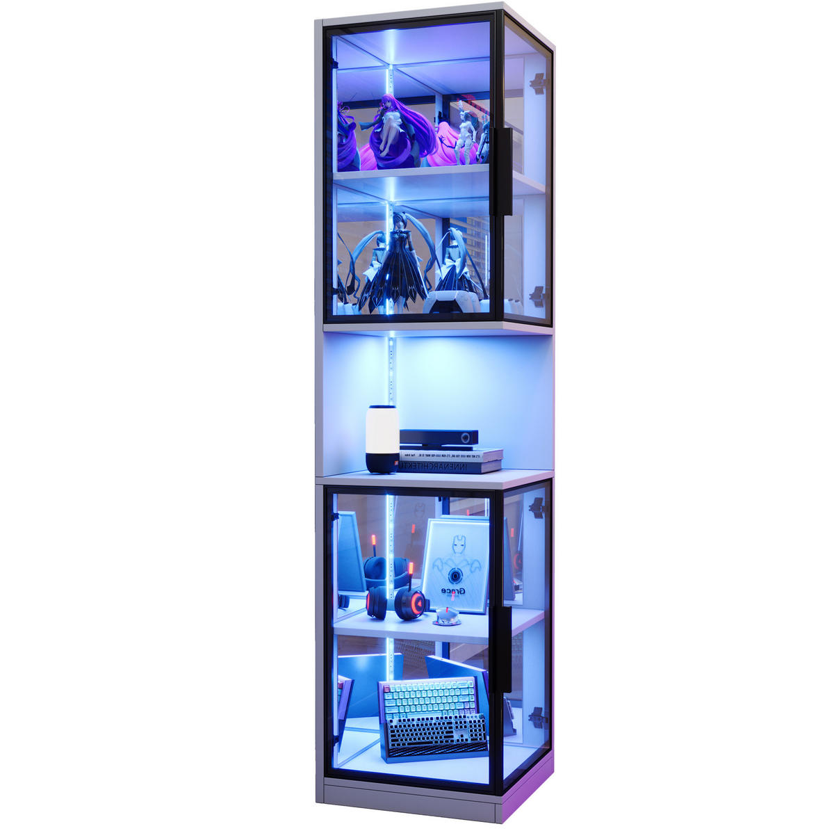 HIGHBOARD 42/44/205 cm in Weiß mit LED-Beleuchtung und Glastüren - Weiß, Holzwerkstoff (42/205/44cm) - Flora Grace