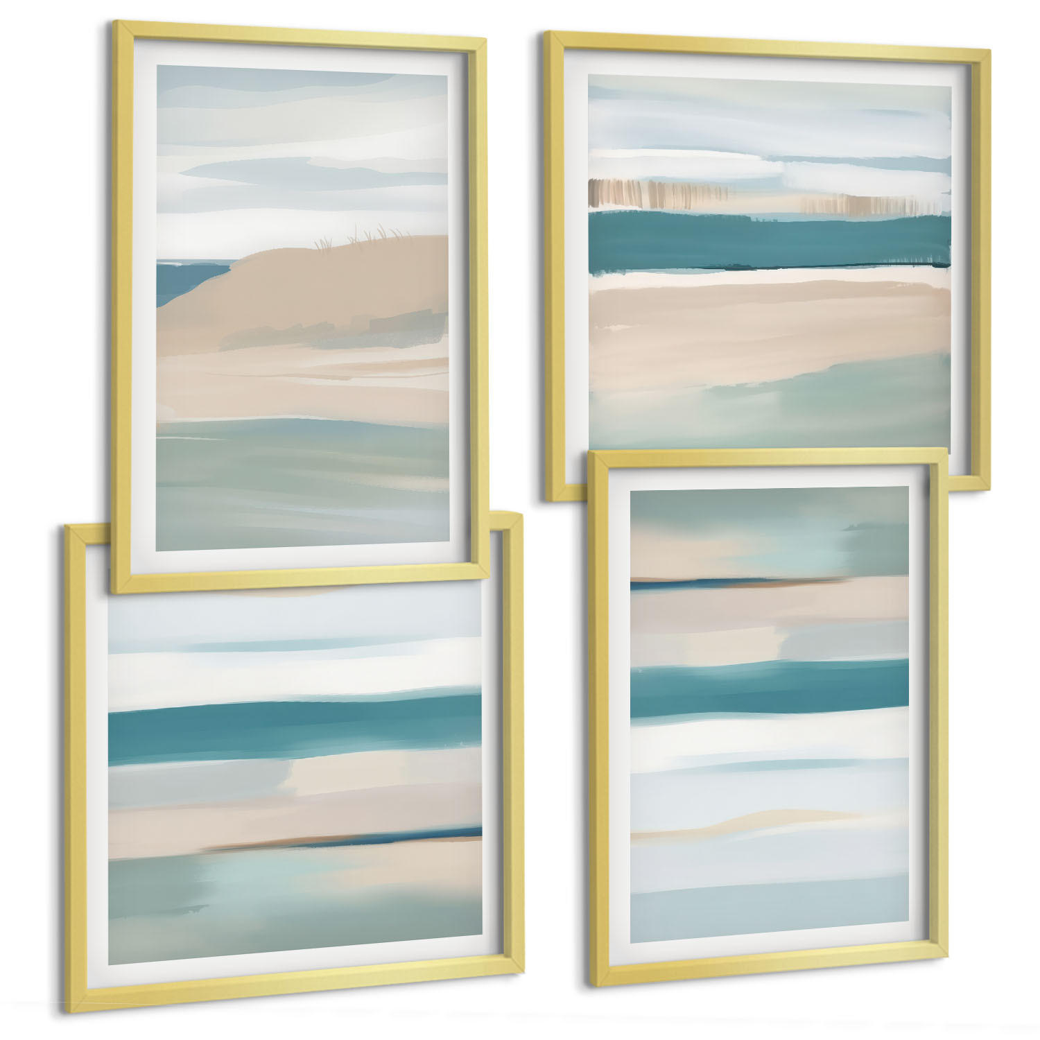 BILDER SET 4er Set - 50x50 cm & 40x60 cm Goldrahmen - Abstrakte blaue Landschaften - Goldfarben, Kunststoff (50/50cm) - TULUP
