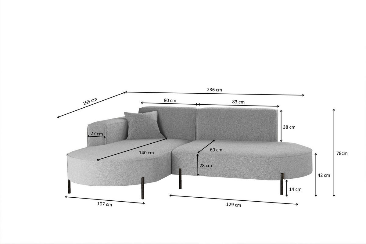 ECKSOFA L-Form Designer Modena Rein Stoff Quelle Grau Links - Grau, Holz/Textil (165/236cm) - Kaiser Möbel