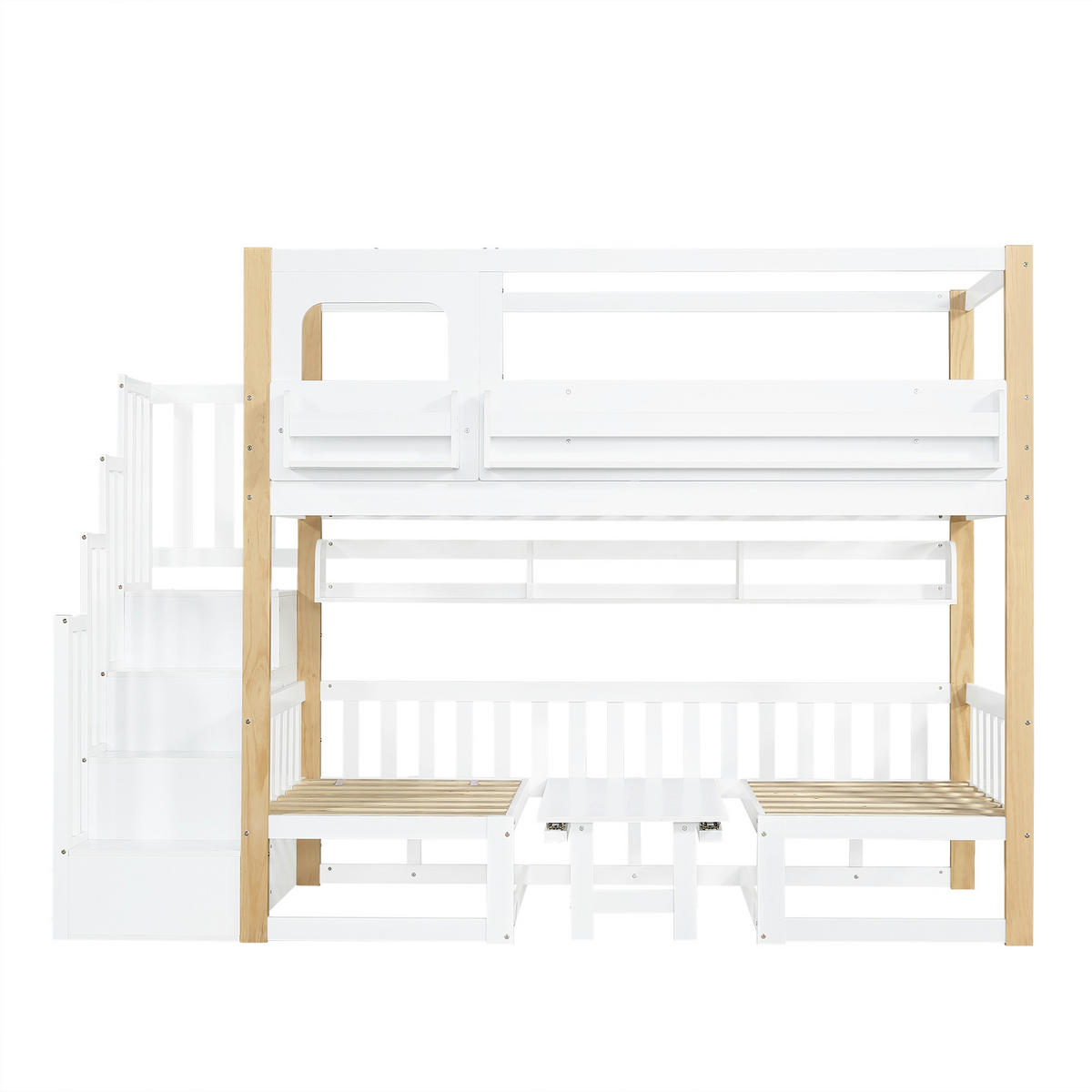 ETAGENBETT 90/200 cm mit Klapptisch, Aufbewahrungstreppe und Bücherregal, Kiefer/MDF, Weiß/Natur - Weiß, Holz (90/200cm) - Redom