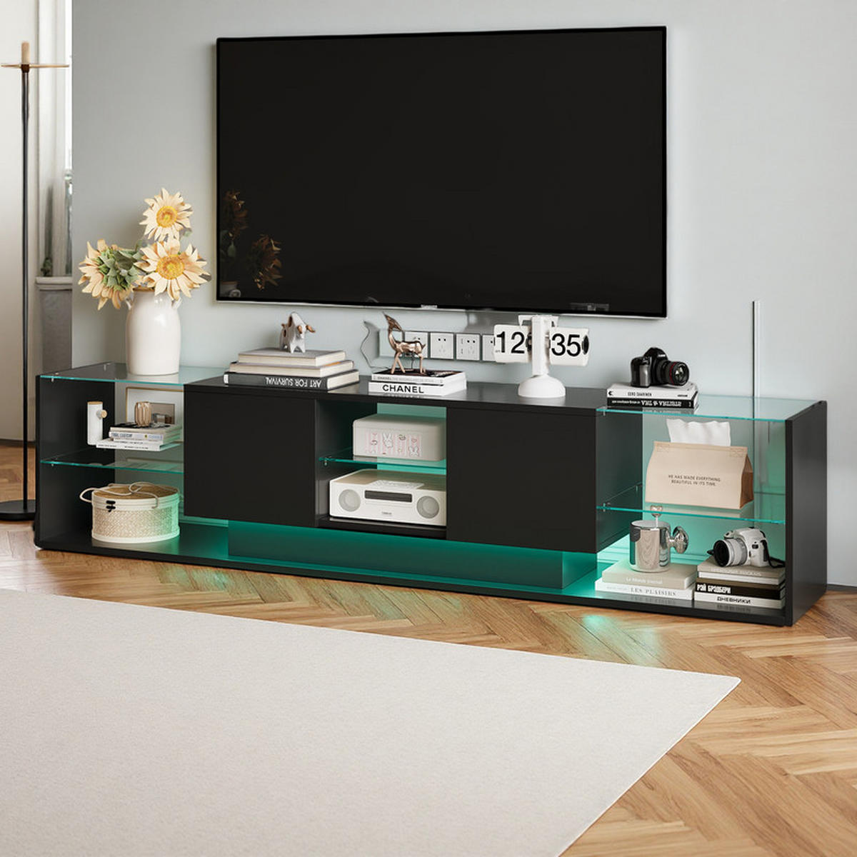 LOWBOARD, 200 x 35 x 45 cm LED Highlights mit Offenen Stauraum und 2 Schubladen, Glastrennwand, MDF - Schwarz, Glas (35/45/200cm) - WoodenAura