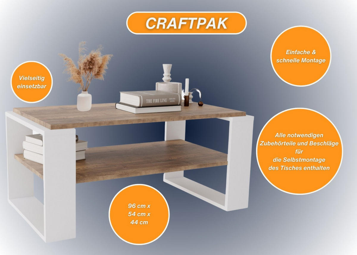 COUCHTISCH Holzwerkstoff rechteckig stabil Nussbaumfarben 42/54/96cm - Nussbaumfarben/Weiß, Holzwerkstoff (53.8/96/42cm) - CraftPAK