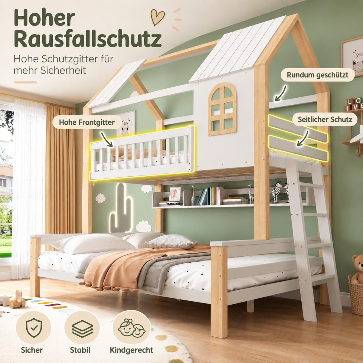 ETAGENBETT 90x200/140x200 mit Leiter, Dach/Rausfallschutz, Holz, Weiß/Natur - Weiß, Holz - LVHOM