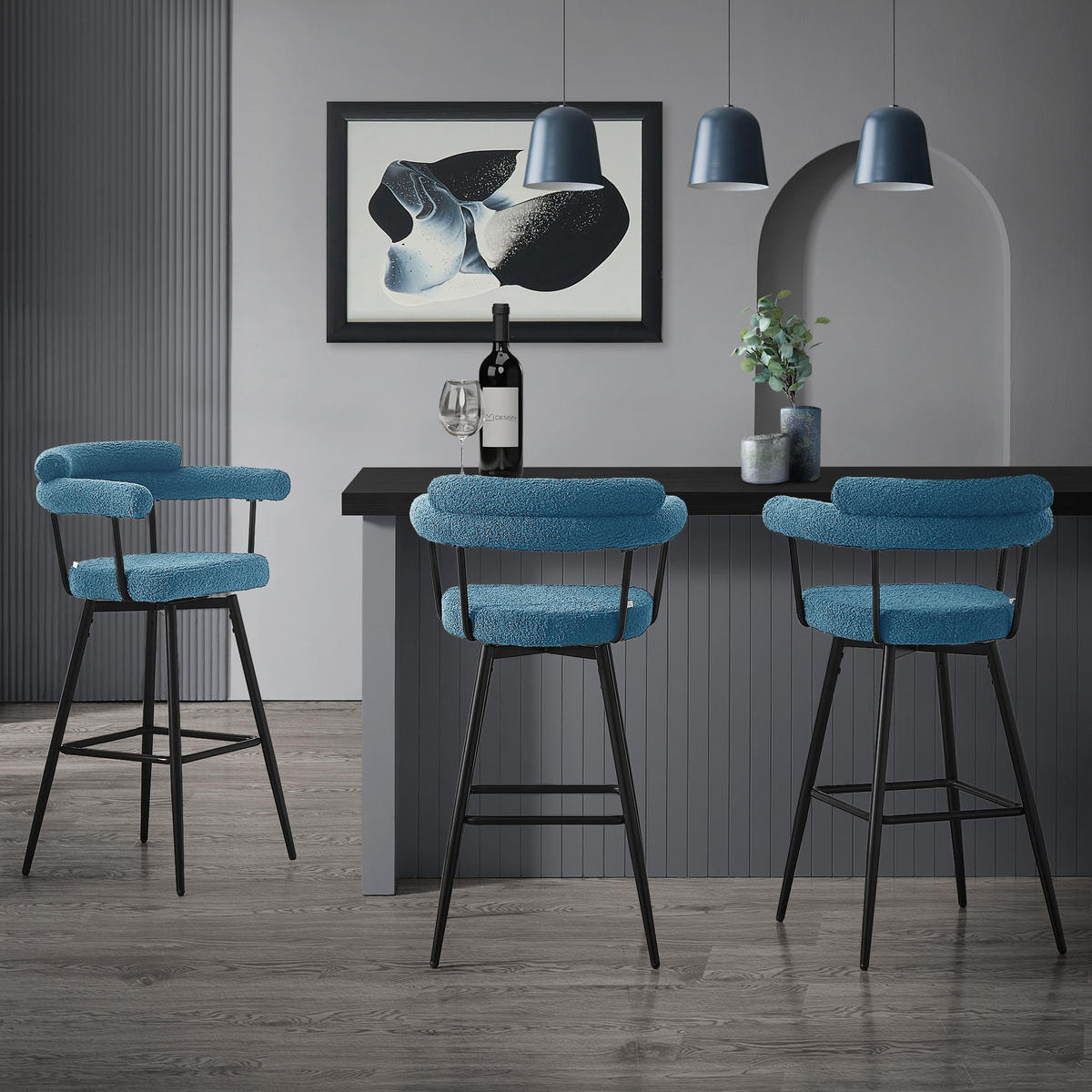 BARHOCKER 4ks sada otočná modrá s plyšovou látkou, výška 76 cm - modrá/černá, kov/textil (61/103/55cm) - ML-DESIGN