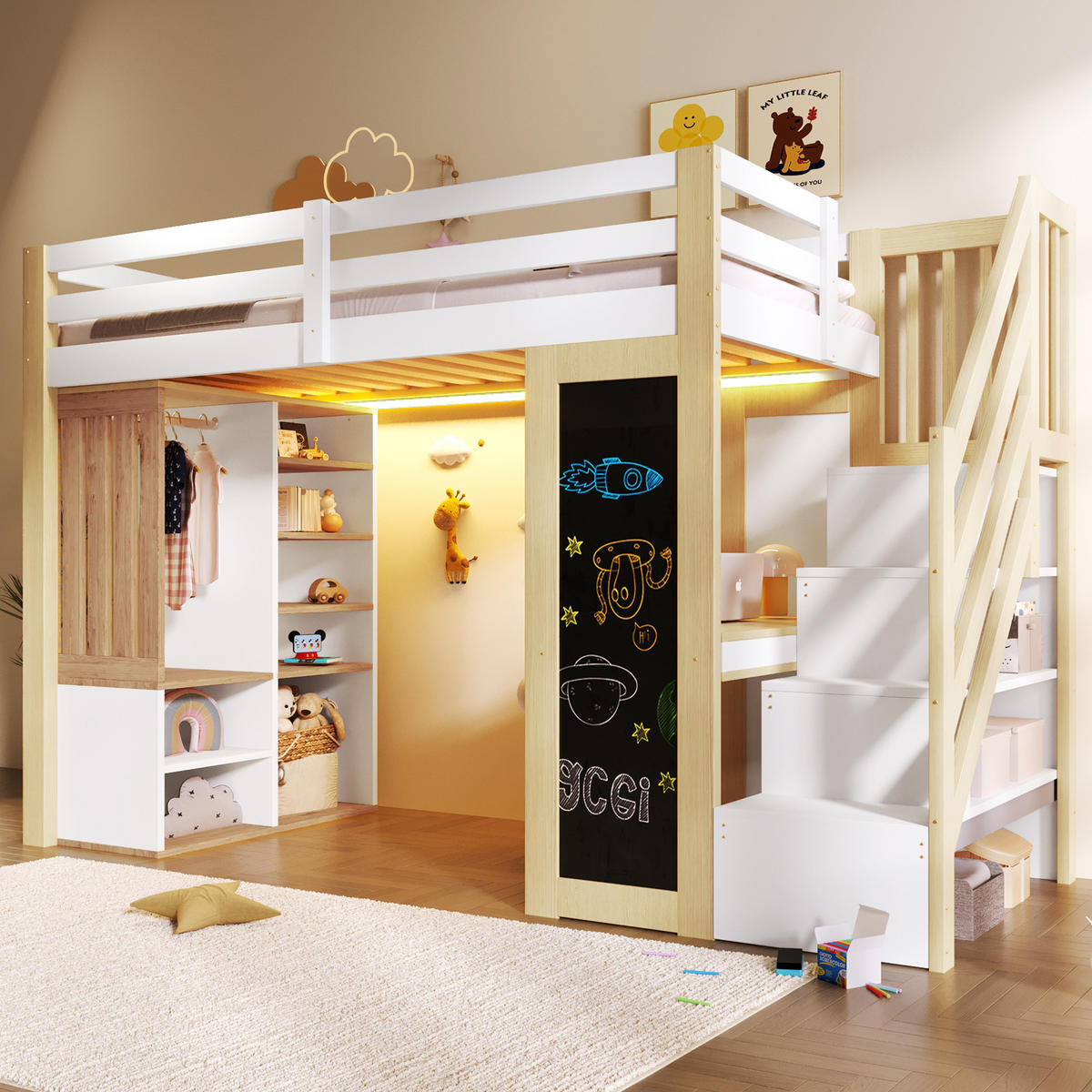 HOCHBETT 90/200 cm in Weiß & Natur mit Schreibtisch, Kleiderschrank und LED - Weiß/Naturfarben, Holz/Holzwerkstoff (90/200cm) - WISHDOR