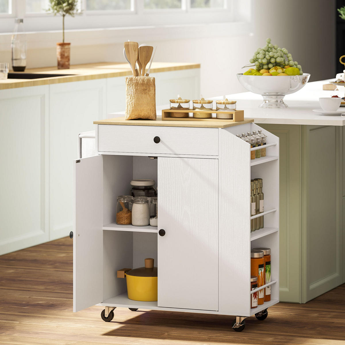 KÜCHENWAGEN mit Arbeitsplatte, Schublade und Schrank Weiß - Weiß, Holz (38/86.5/82cm) - Beauniv