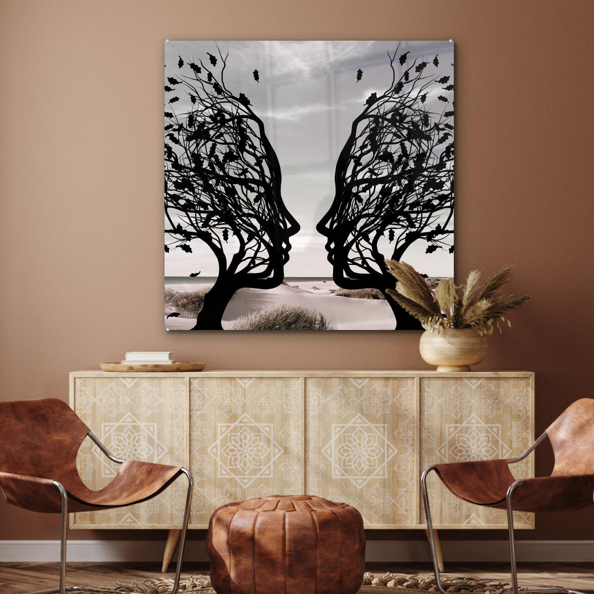 ACRYLGLASBILD Strand - Meer - Menschen - Baum - Moderne Kunst 90x90 cm - Hellgrau, Glas (90/90cm) - MuchoWow