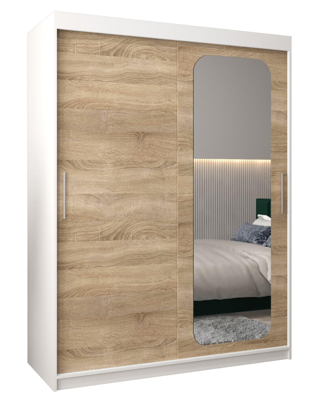 Abiks Möbel Schwebetürenschrank Weiß, Sonoma Eiche 150x200x62 cm
