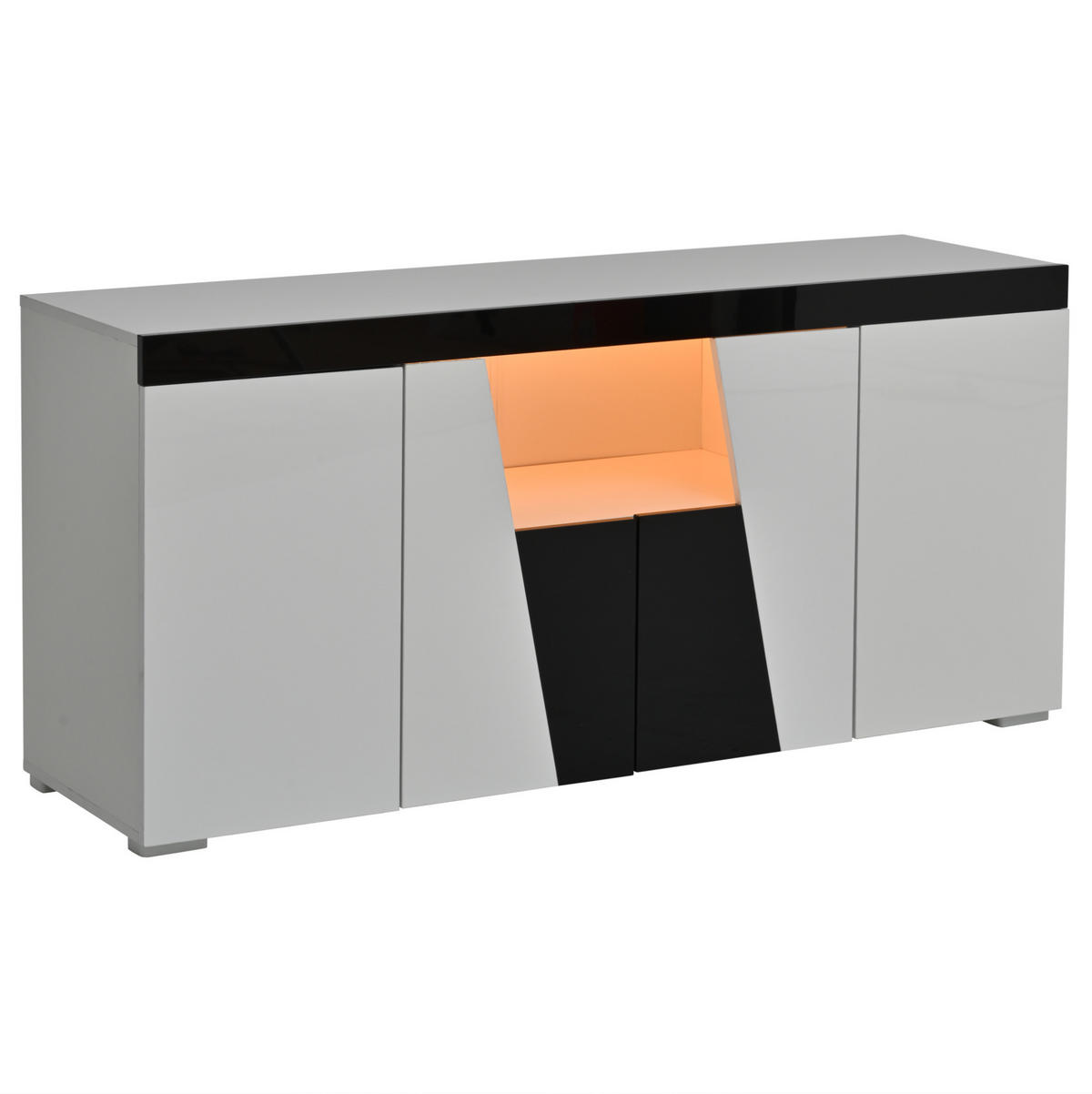 SIDEBOARD 140/40/65 cm aus Spanplatte mit LED-Beleuchtung, 4 Türen und verstellbaren Einlegeböden, Weiß/Schwarz - Weiß, Holzwerkstoff (140/65/40cm) - Redom