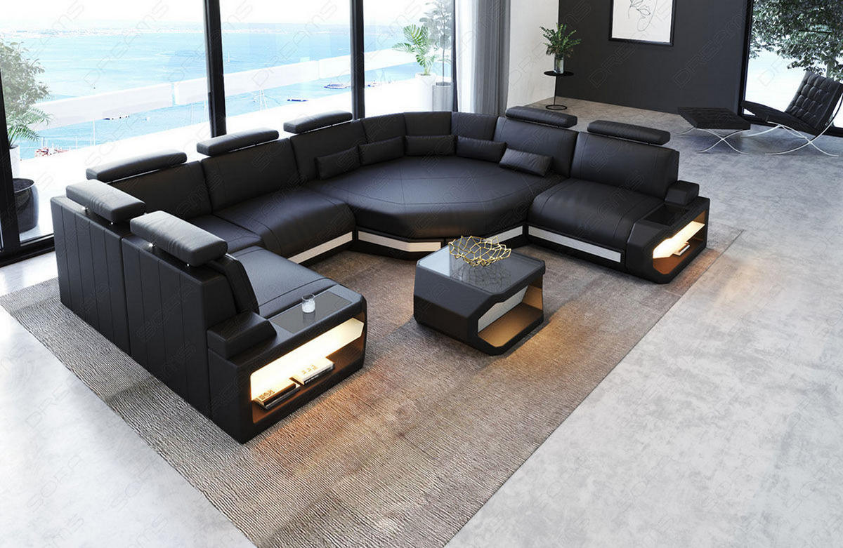 WOHNLANDSCHAFT Asti U Mini - Schwarz/Weiß, Leder (352/93/280cm) - Sofa Dreams