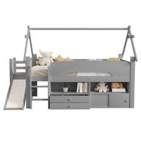 HAUSBETT 90x200 Grau Massivholz Rutsche Stauraum - Grau, Holz (90/200cm) - FLIEKS