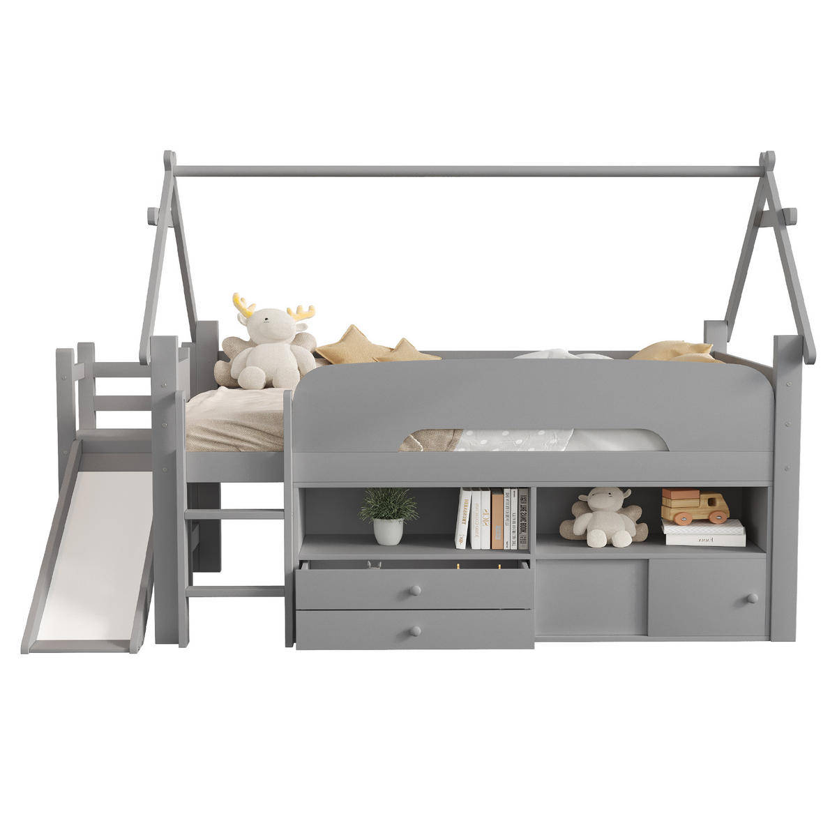 KINDEREINZELBETTEN aus Massivholz 90 x 200 cm in Grau mit Rutsche & Stauraum - Grau, Holz (90/200cm) - Modfu