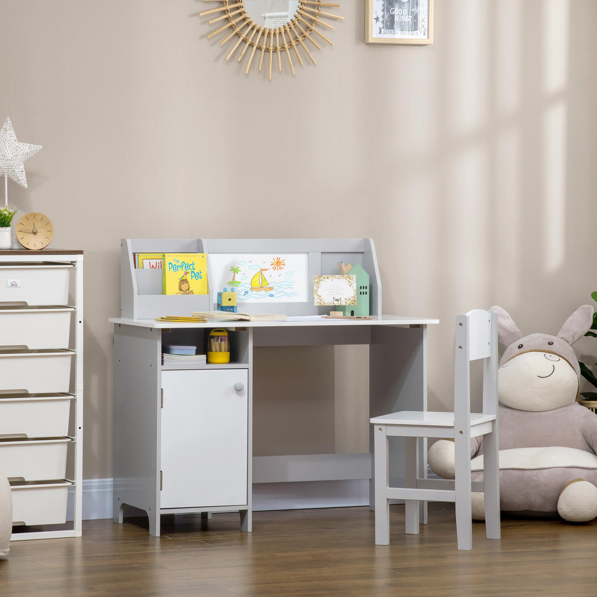 KINDER-SCHREIBTISCHSET DE-17514 mit Weißwandtafel und Stauraum Grau - Grau, Holzwerkstoff (90/85/45cm) - ComfortXL