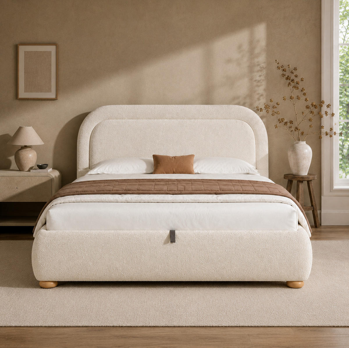 POLSTERBETT aus Bouclé 140x200 cm Beige mit hydraulischem Bettkasten und Lattenrost - Beige, Textil (140/200cm) - Modfu