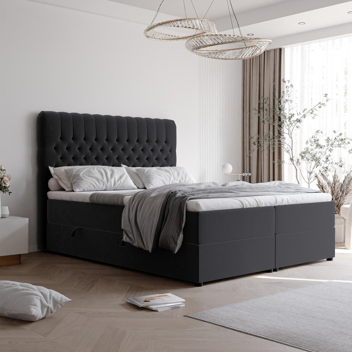 BOXBETT ALBA 140/200 cm mit Matratze und Topper, Schwarz - Schwarz, Textil (140/200cm) - Idohome