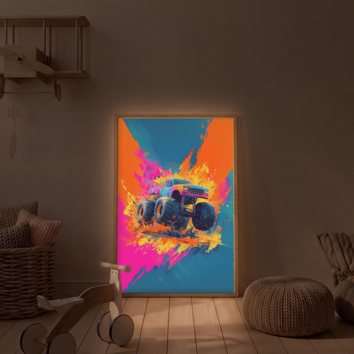 NÁSTĚNNÁ LAMPA S AKUMULÁTOREM Monster truck - Abstraktní - Stříkající barva - Barevné 70x100 cm - růžová, kompozitní dřevo (70/100/8cm) - OnlyWow