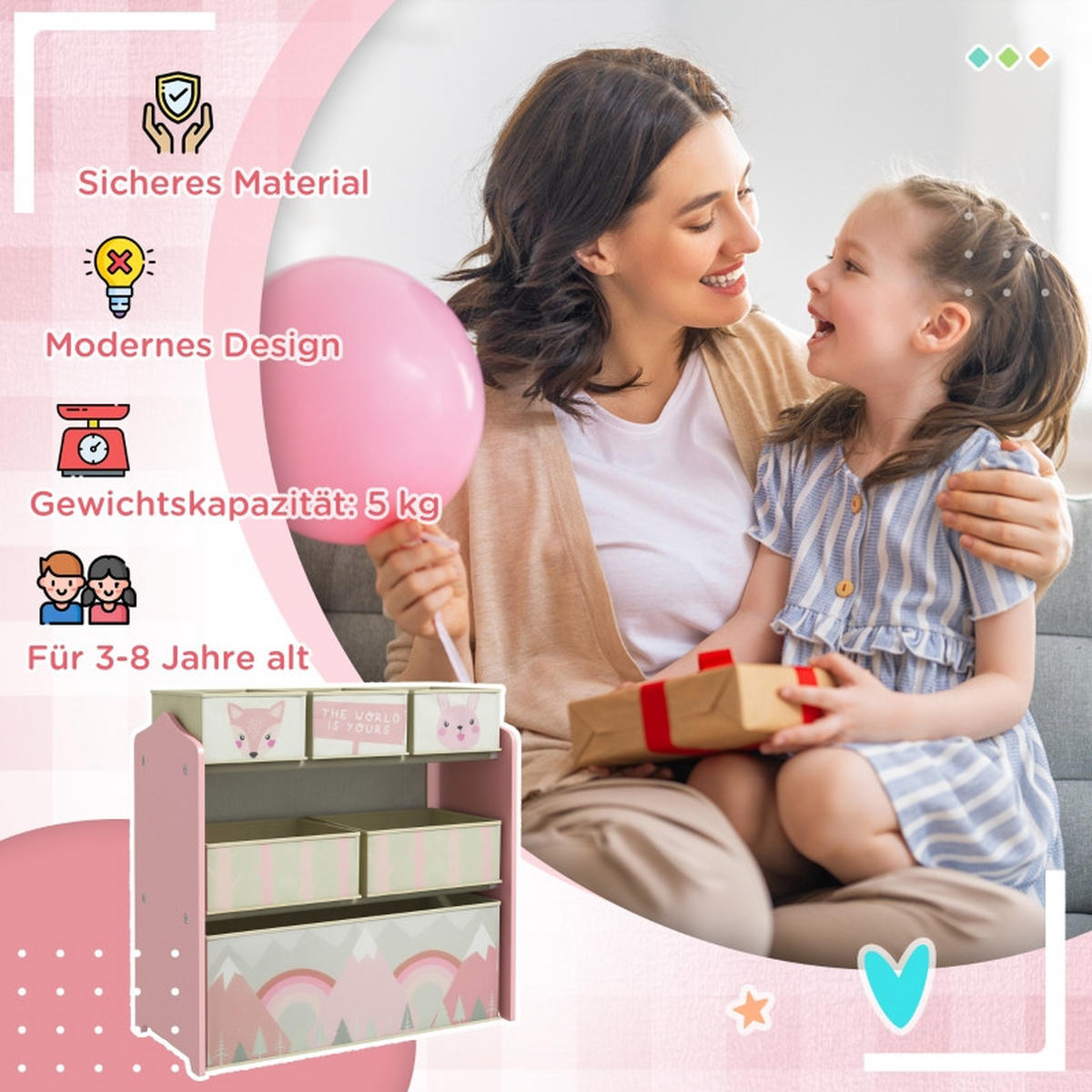 KINDERREGAL DE-09565 6 Stoffboxen mit niedlichem Motiv Rosa - Pink, Holzwerkstoff (63/66/30cm) - ComfortXL