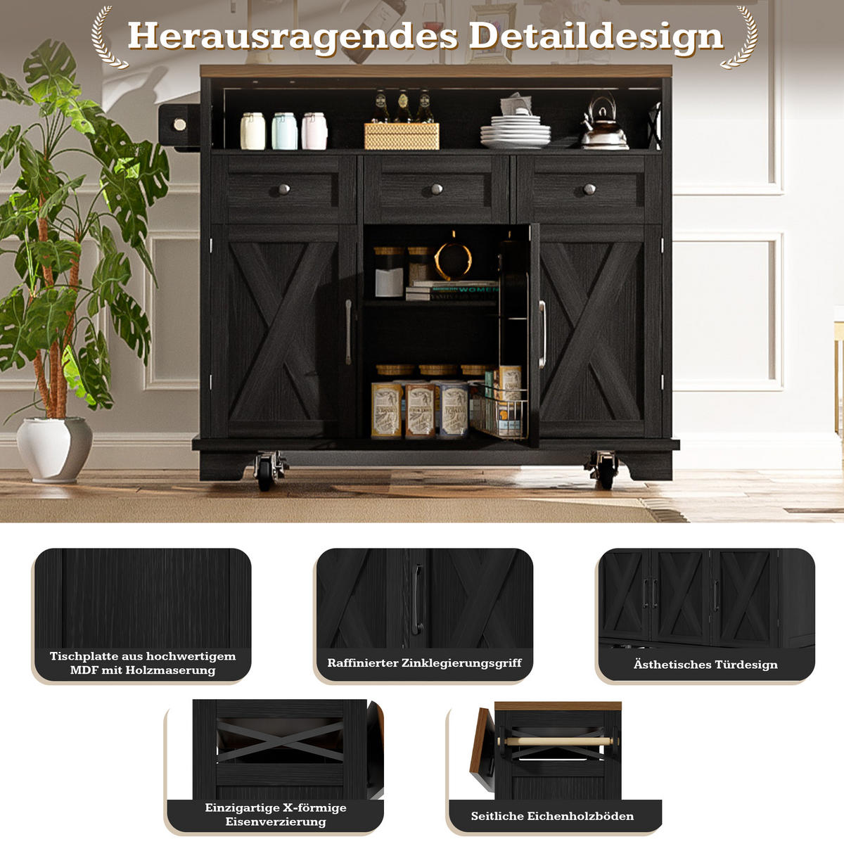 KÜCHENINSEL 118x43x98cm Schwarz mit klappbarer Platte, Schublade, Snackhalter & 5 Rollen - Schwarz, Holzwerkstoff (118/98/43cm) - Modfu