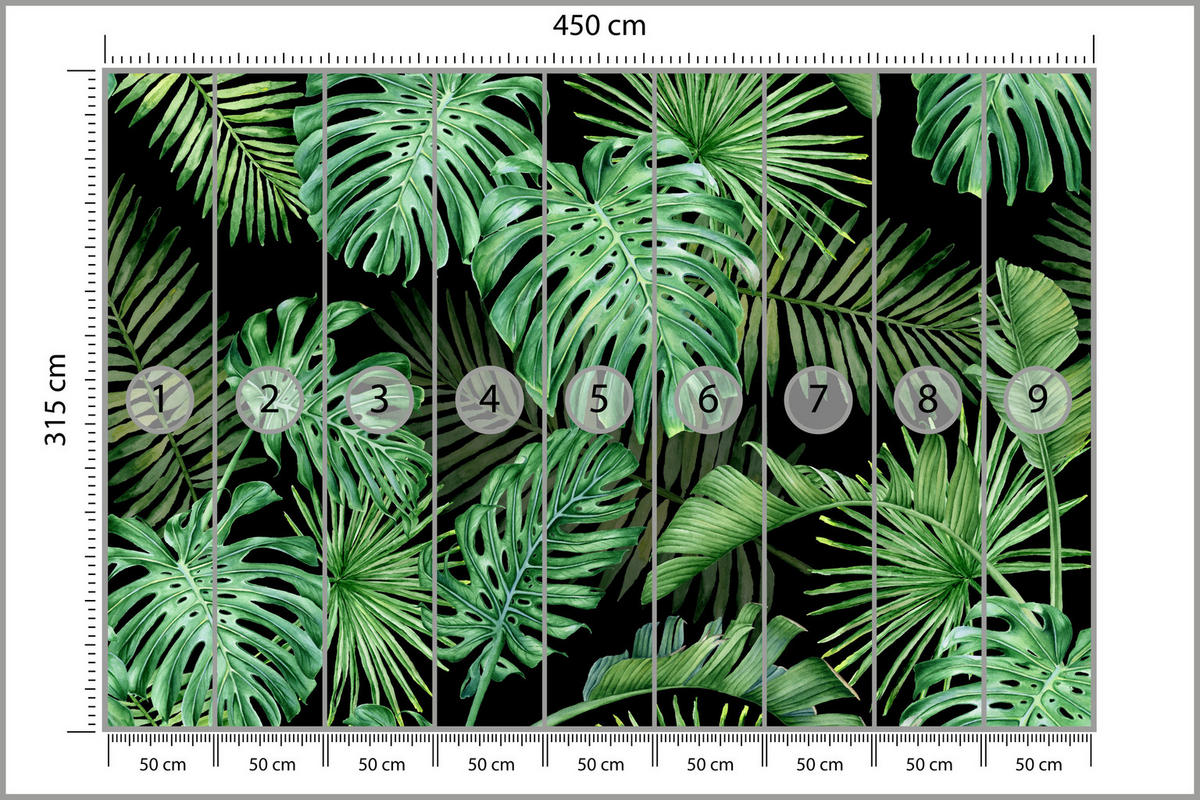 FOTOTAPETE für Schlafzimmer Exotische Grüne Monstera Palmen 450x315 - Schwarz/Grün, Papier (450/315cm) - Muralo